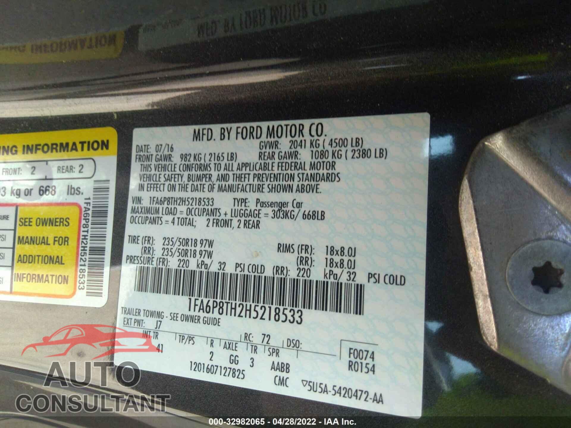 FORD MUSTANG 2017 - 1FA6P8TH2H5218533