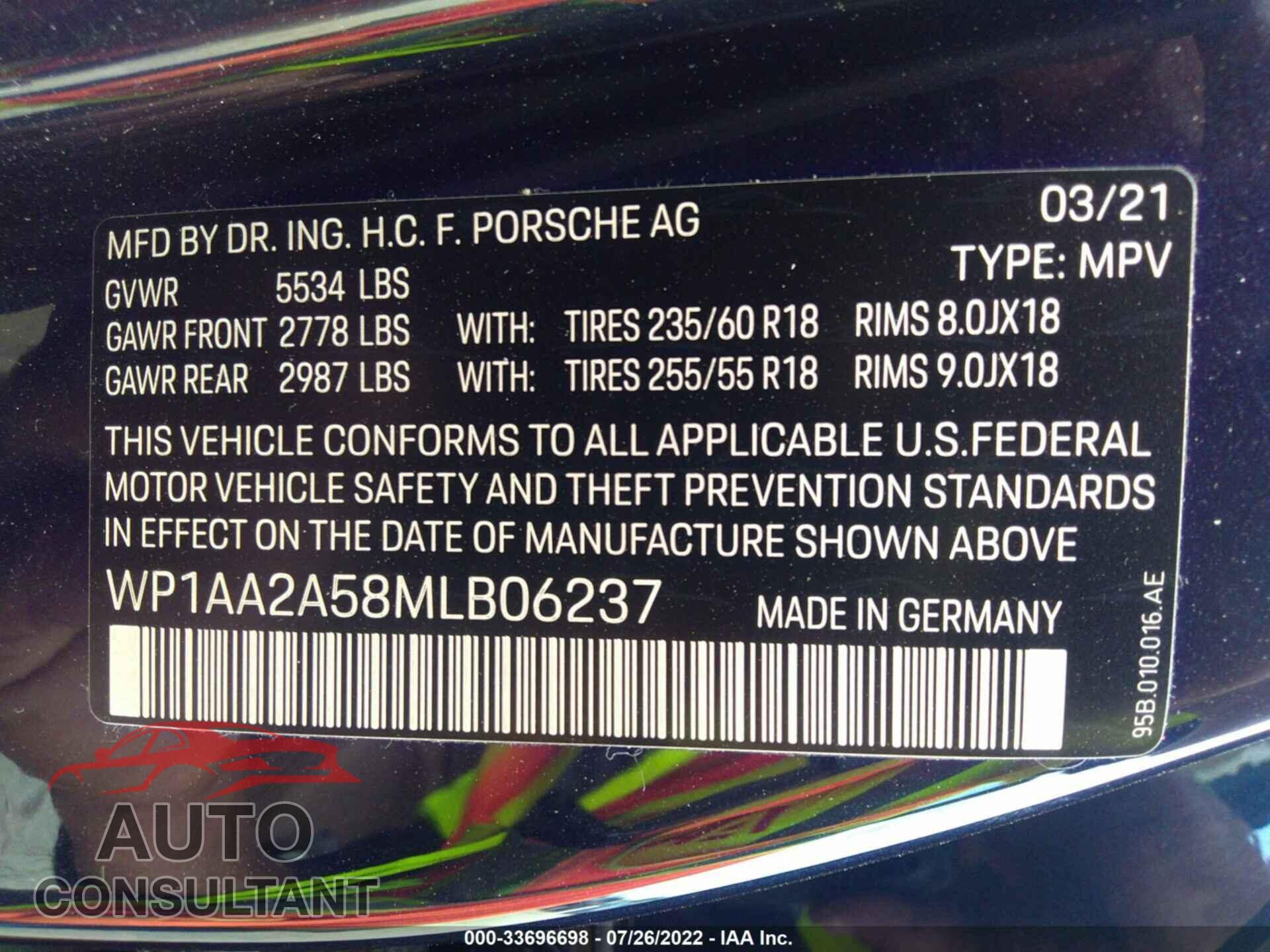 PORSCHE MACAN 2021 - WP1AA2A58MLB06237