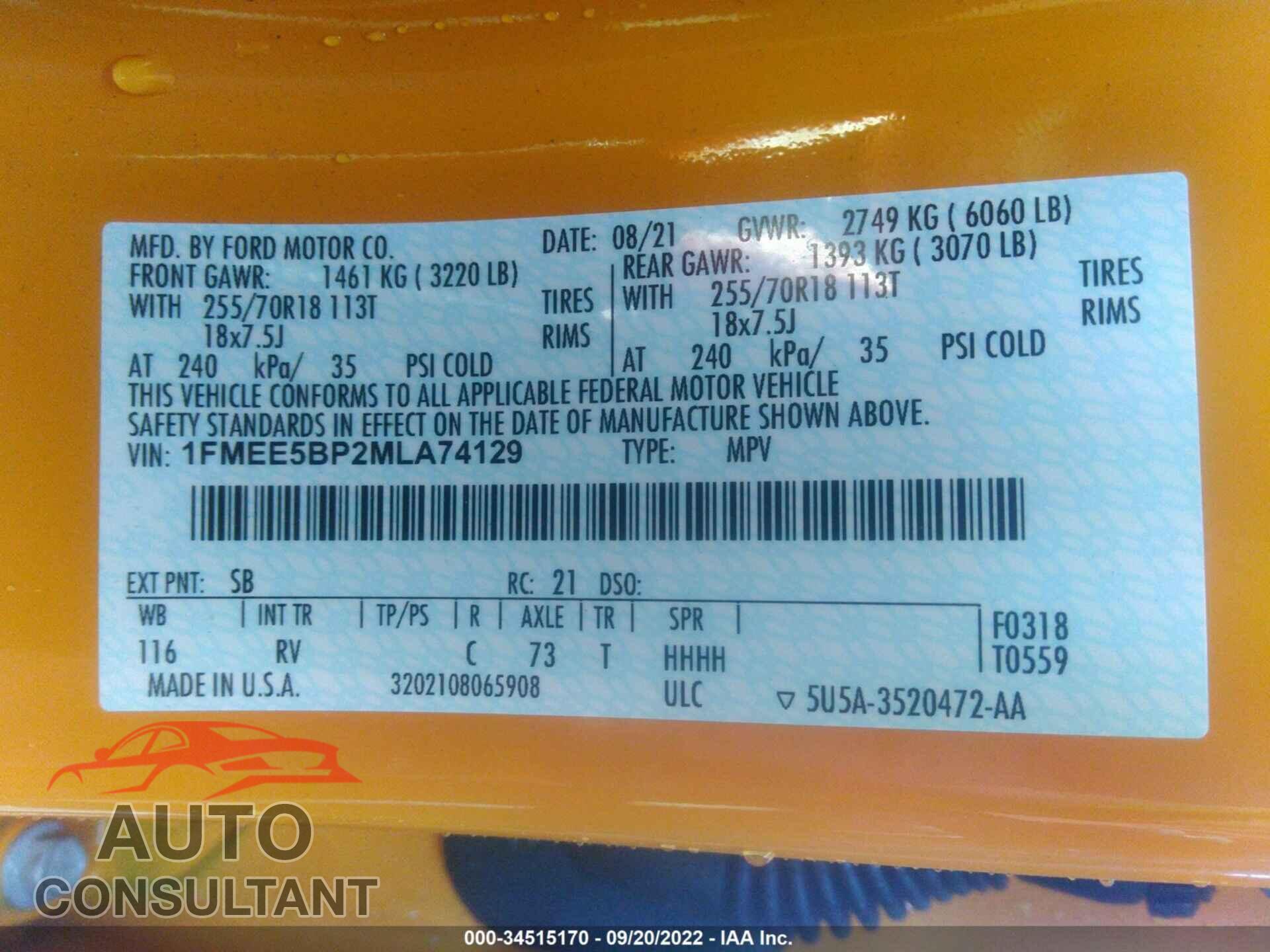 FORD BRONCO 2021 - 1FMEE5BP2MLA74129