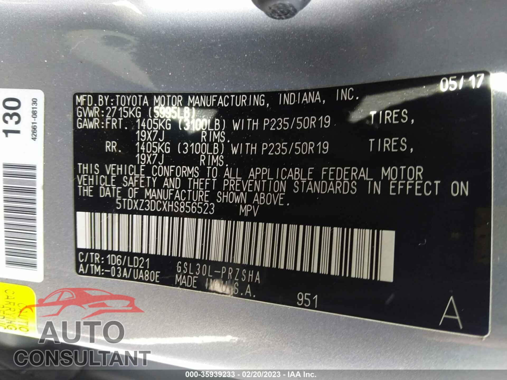 TOYOTA SIENNA 2017 - 5TDXZ3DCXHS856523