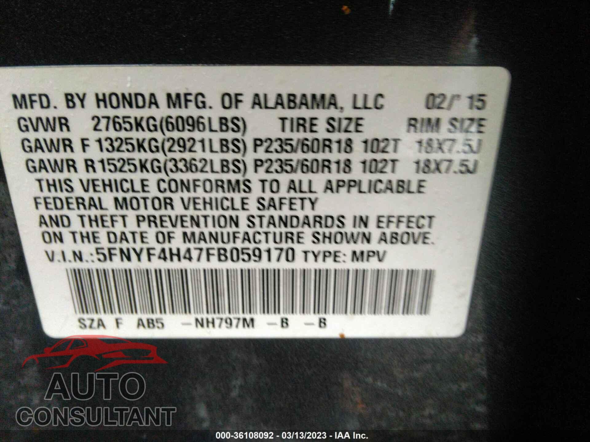 HONDA PILOT 2015 - 5FNYF4H47FB059170
