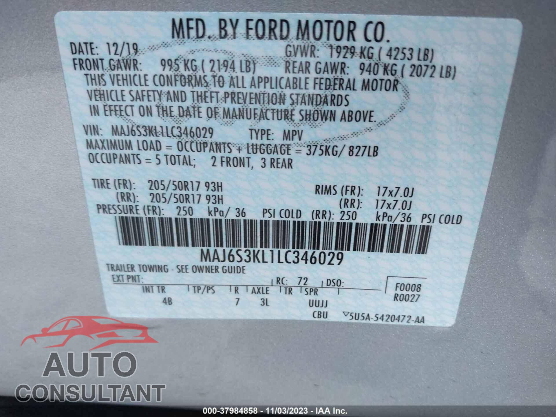 FORD ECOSPORT 2020 - MAJ6S3KL1LC346029