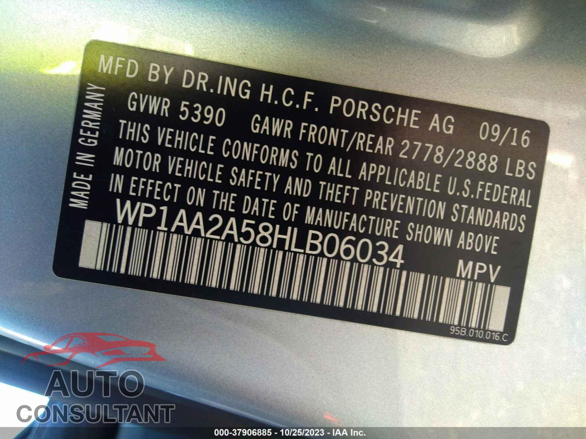 PORSCHE MACAN 2017 - WP1AA2A58HLB06034