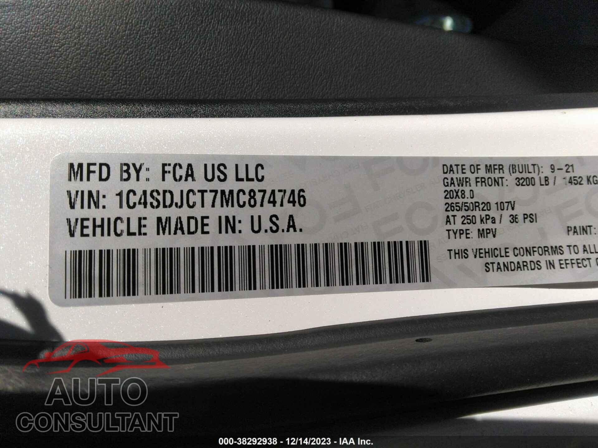 DODGE DURANGO 2021 - 1C4SDJCT7MC874746