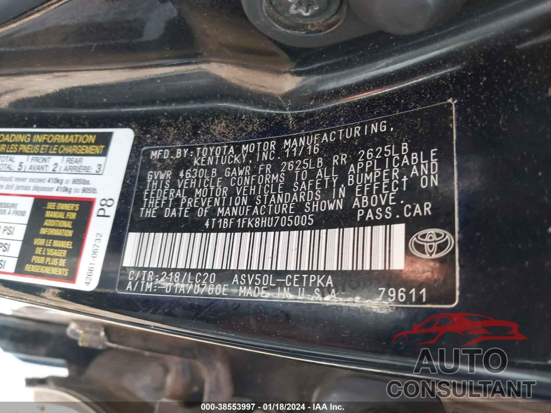 TOYOTA CAMRY 2017 - 4T1BF1FK8HU705005