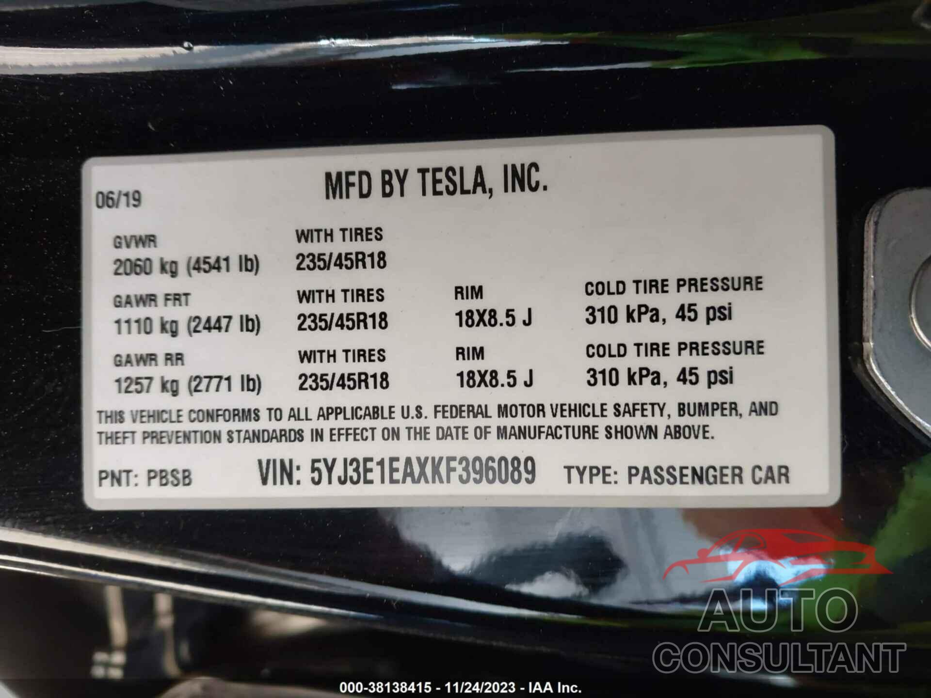 TESLA MODEL 3 2019 - 5YJ3E1EAXKF396089