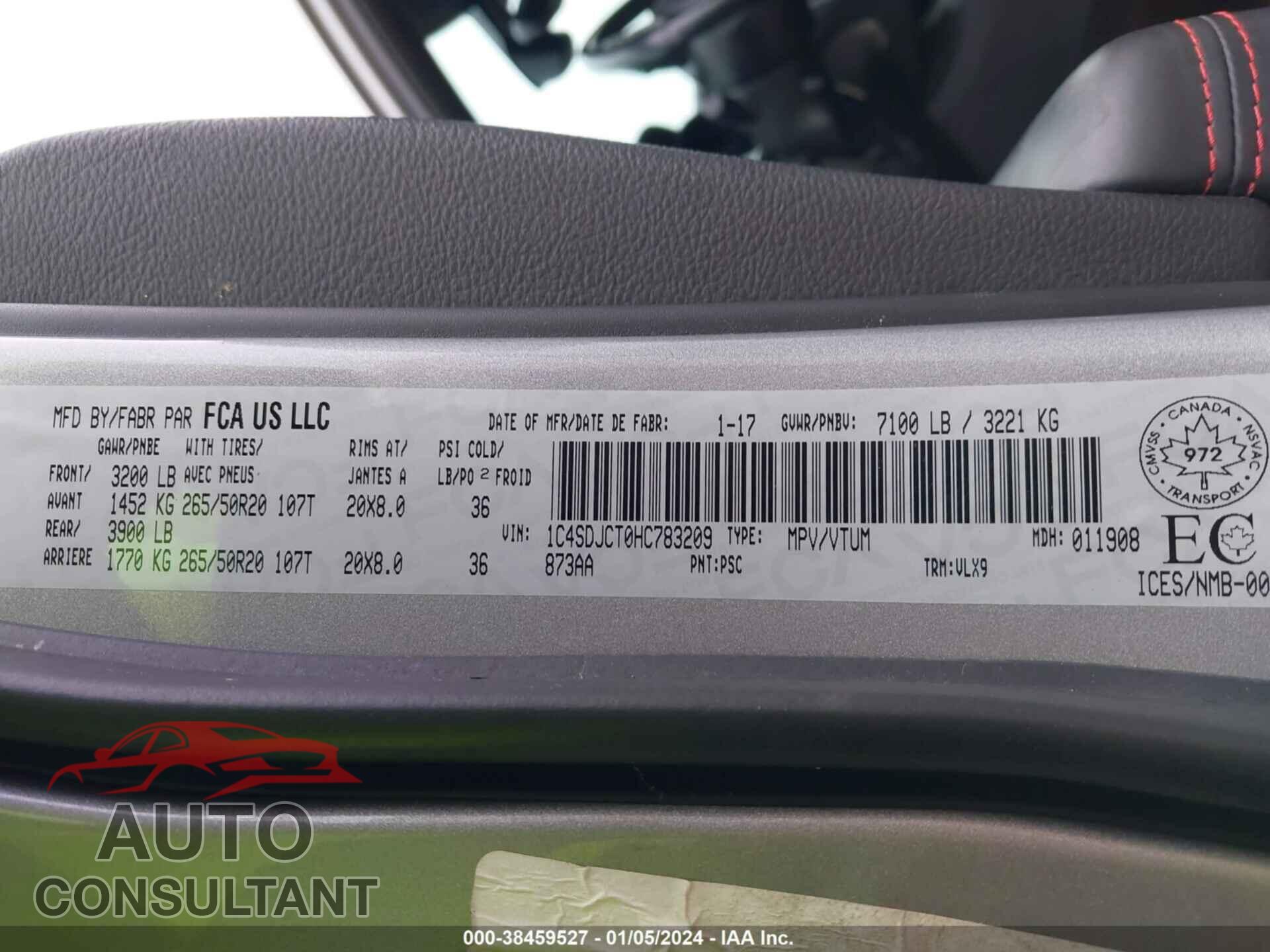 DODGE DURANGO 2017 - 1C4SDJCT0HC783209