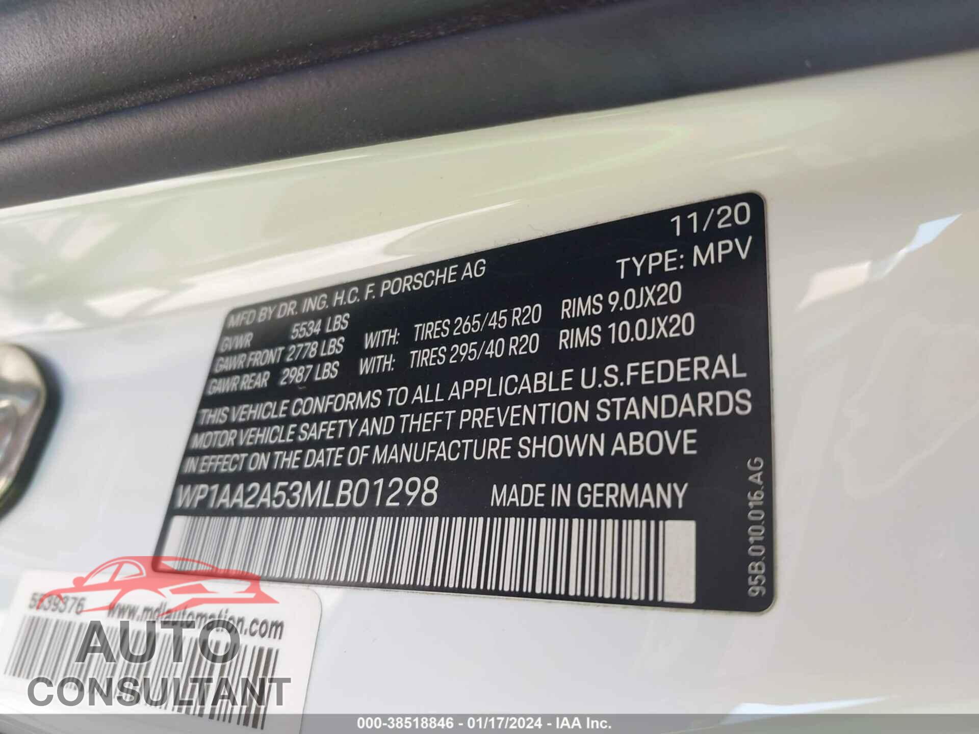 PORSCHE MACAN 2021 - WP1AA2A53MLB01298