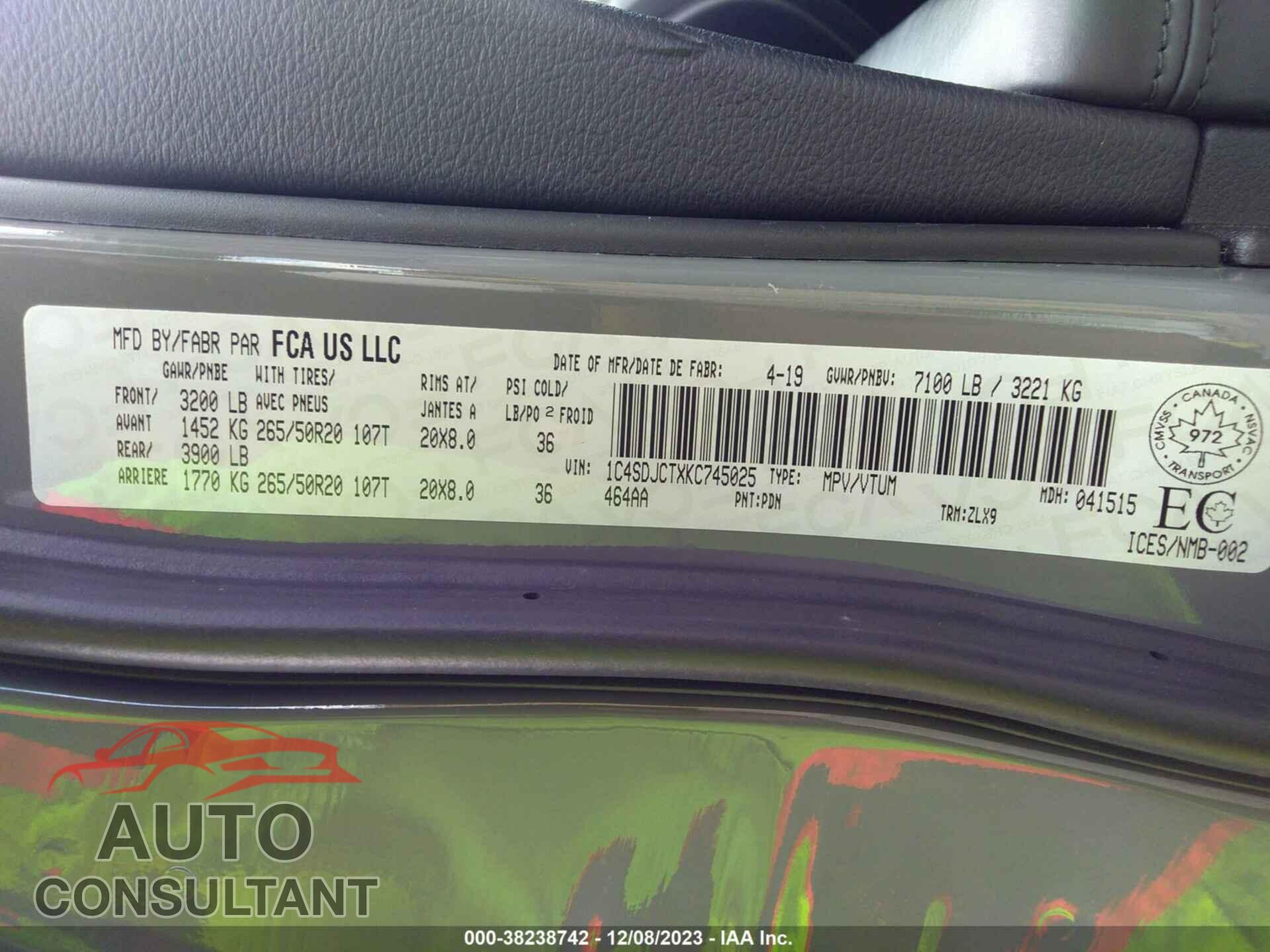 DODGE DURANGO 2019 - 1C4SDJCTXKC745025