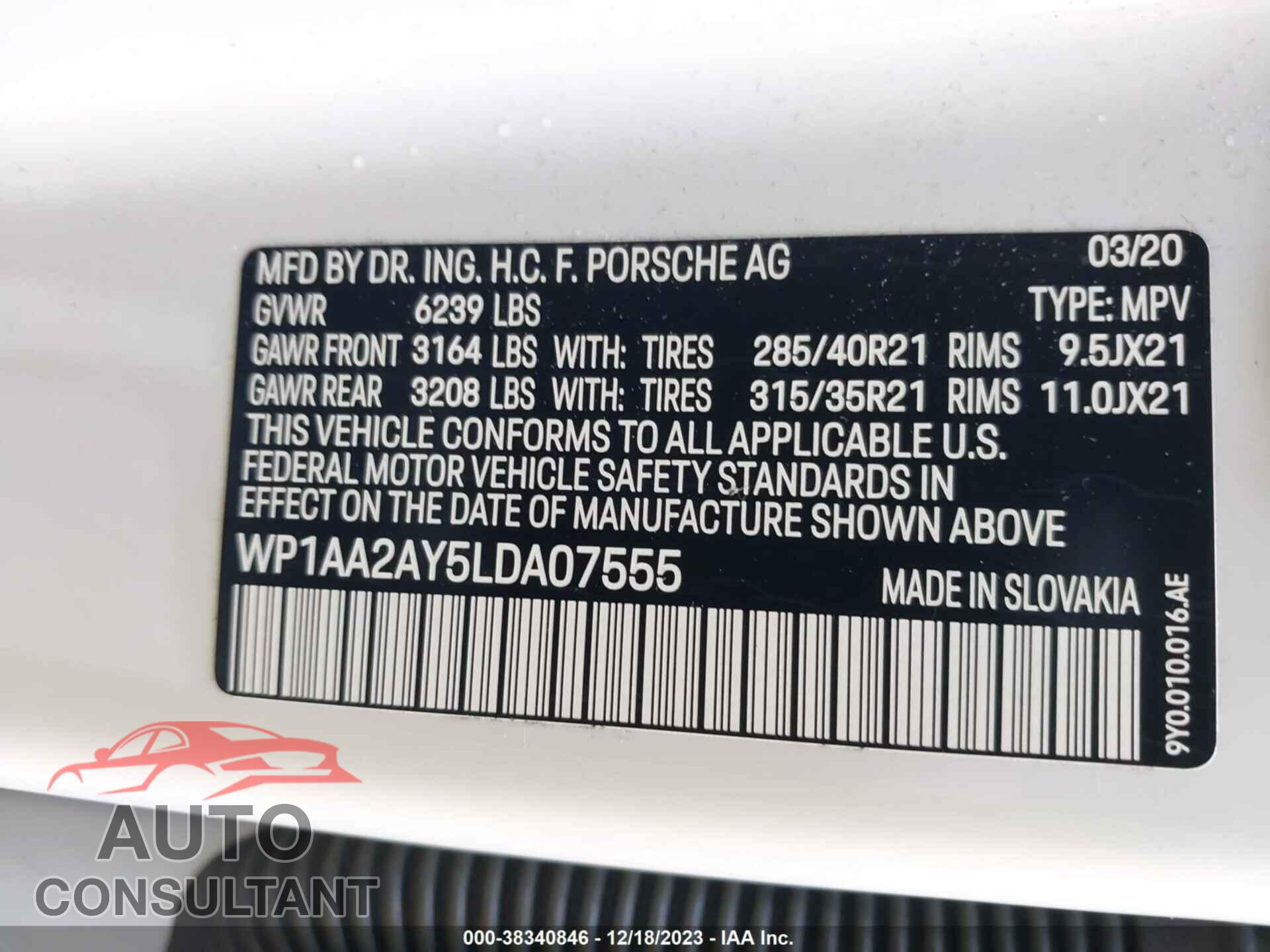 PORSCHE CAYENNE 2020 - WP1AA2AY5LDA07555
