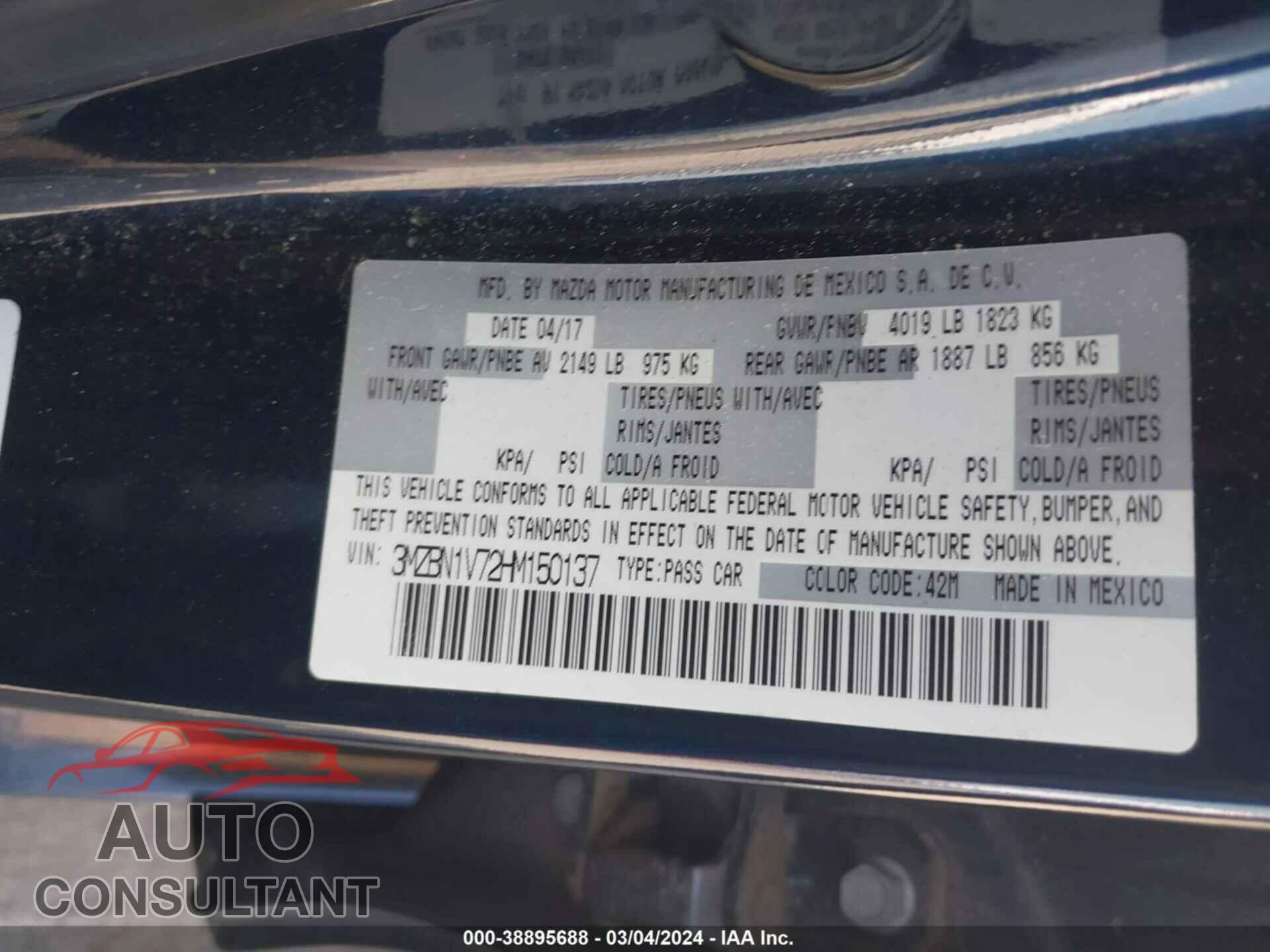 MAZDA MAZDA3 2017 - 3MZBN1V72HM150137