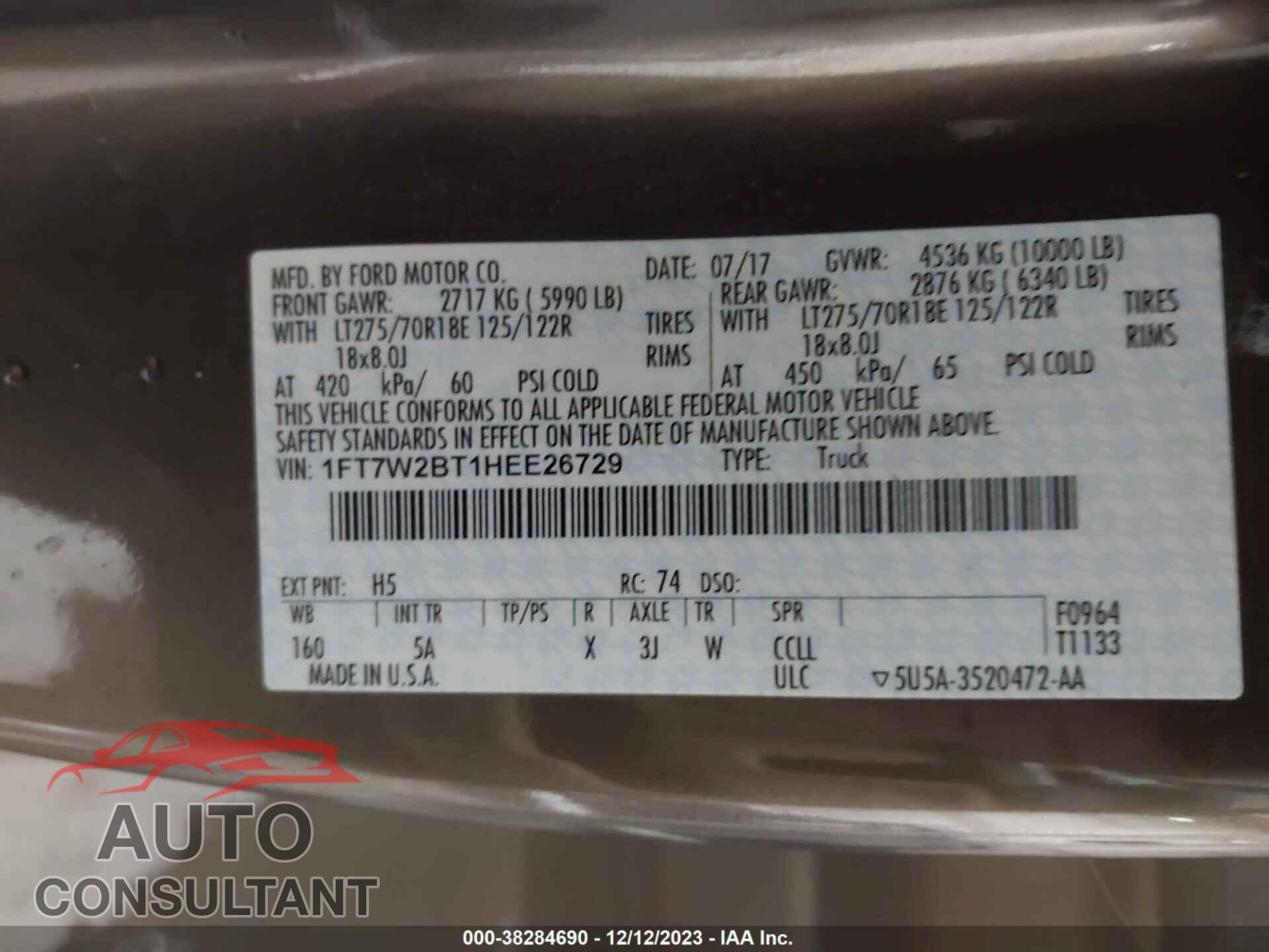 FORD F-250 2017 - 1FT7W2BT1HEE26729