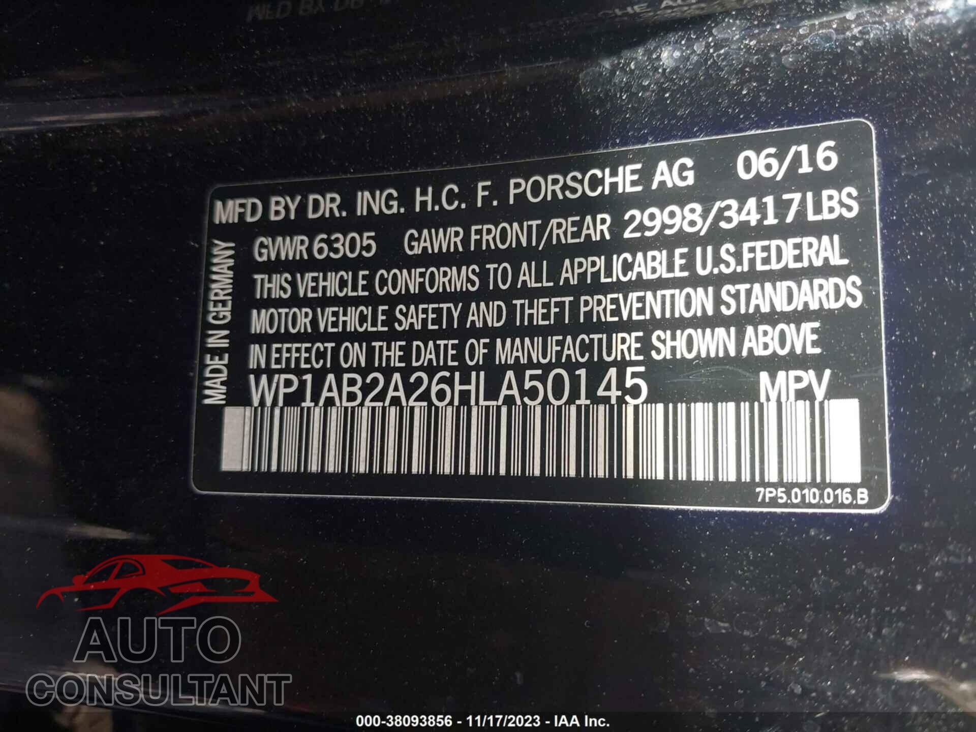 PORSCHE CAYENNE 2017 - WP1AB2A26HLA50145