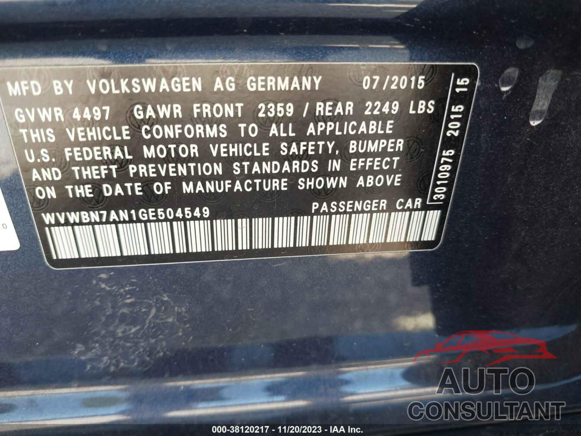 VOLKSWAGEN CC 2016 - WVWBN7AN1GE504549