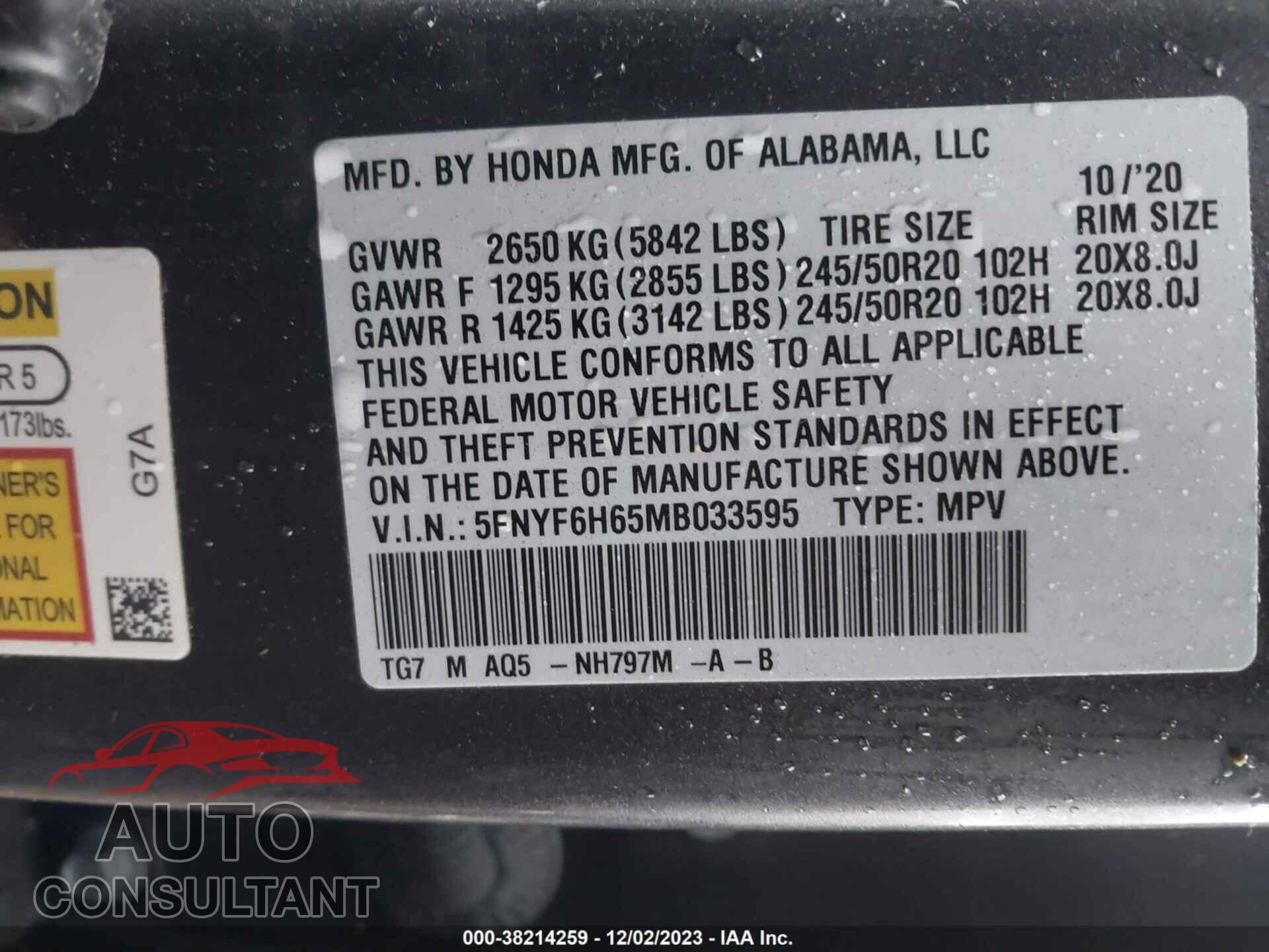 HONDA PILOT 2021 - 5FNYF6H65MB033595