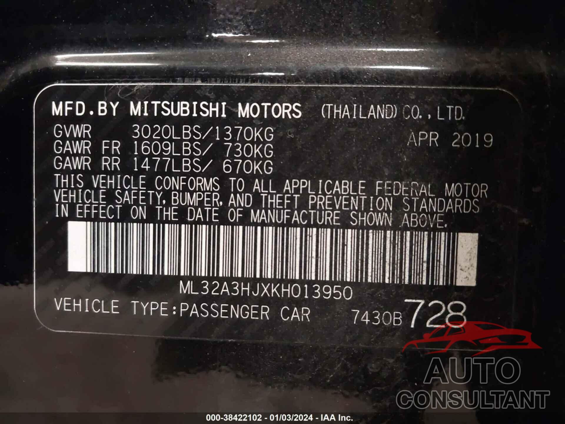 MITSUBISHI MIRAGE 2019 - ML32A3HJXKH013950