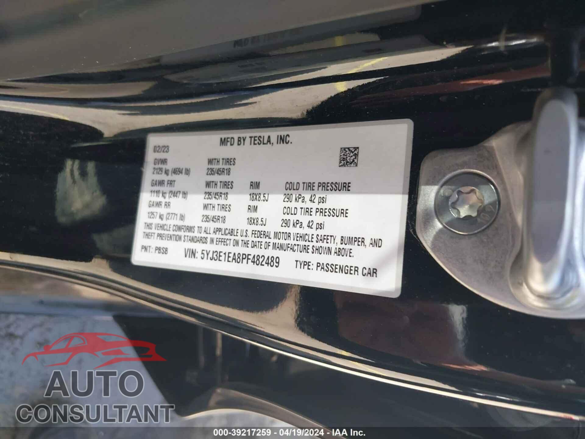 TESLA MODEL 3 2023 - 5YJ3E1EA8PF482489