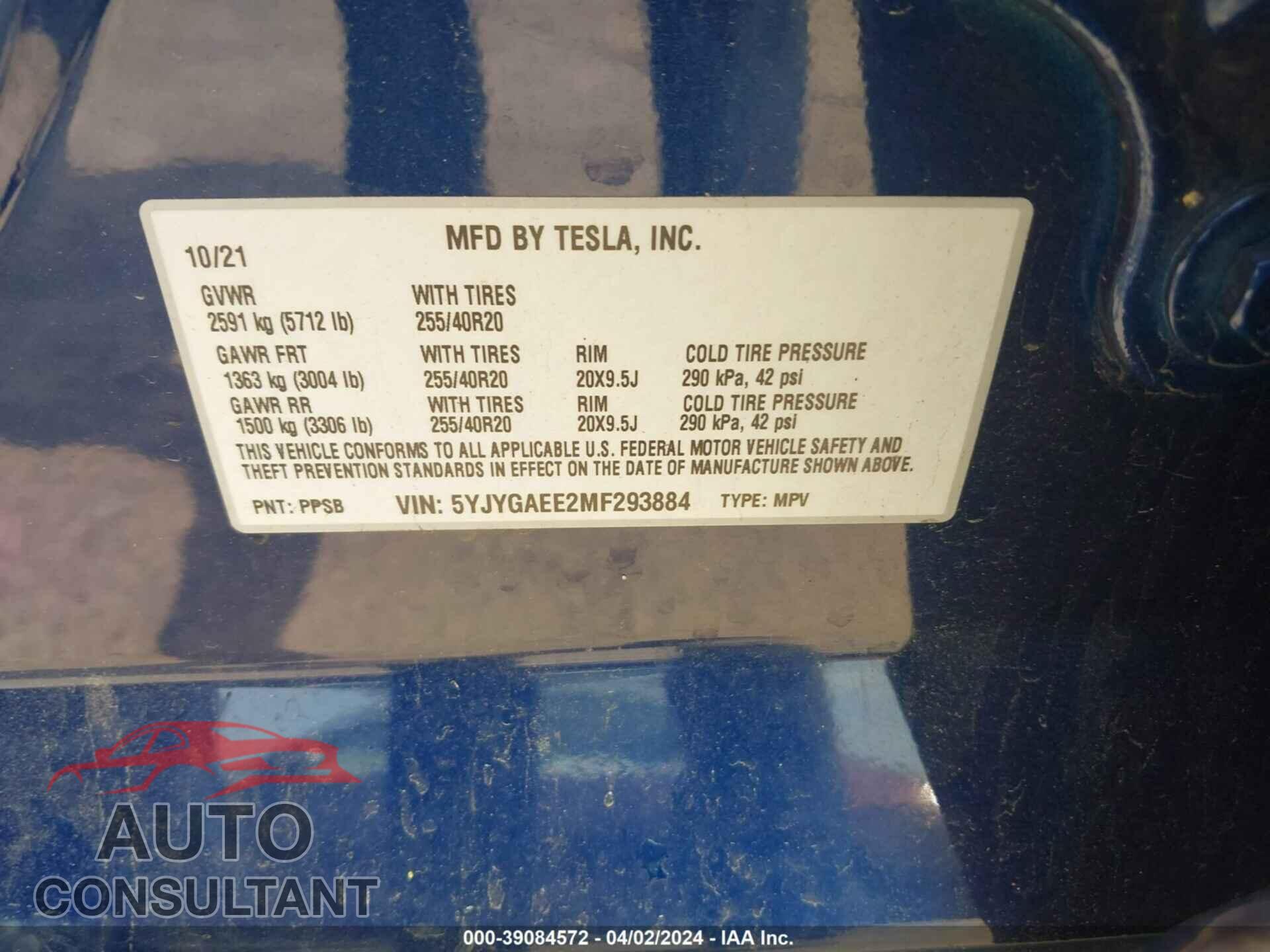 TESLA MODEL Y 2021 - 5YJYGAEE2MF293884