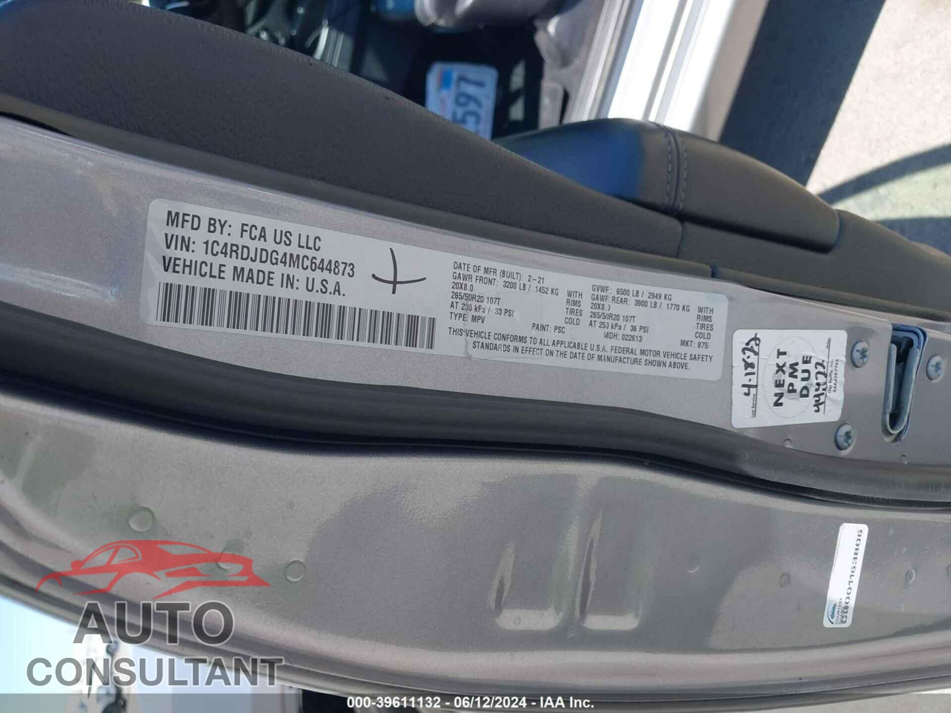 DODGE DURANGO 2021 - 1C4RDJDG4MC644873
