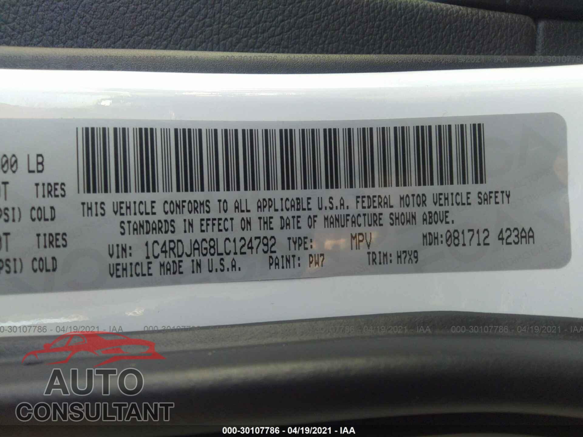 DODGE DURANGO 2020 - 1C4RDJAG8LC124792