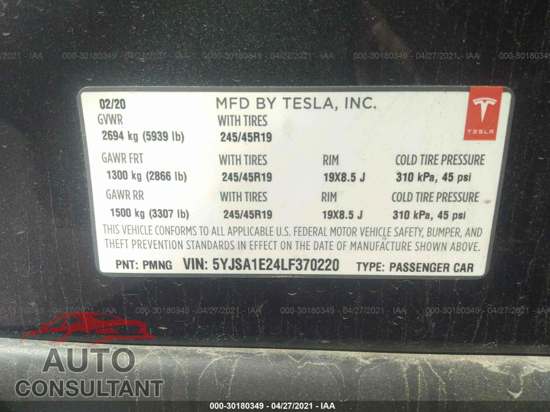 TESLA MODEL S 2020 - 5YJSA1E24LF370220
