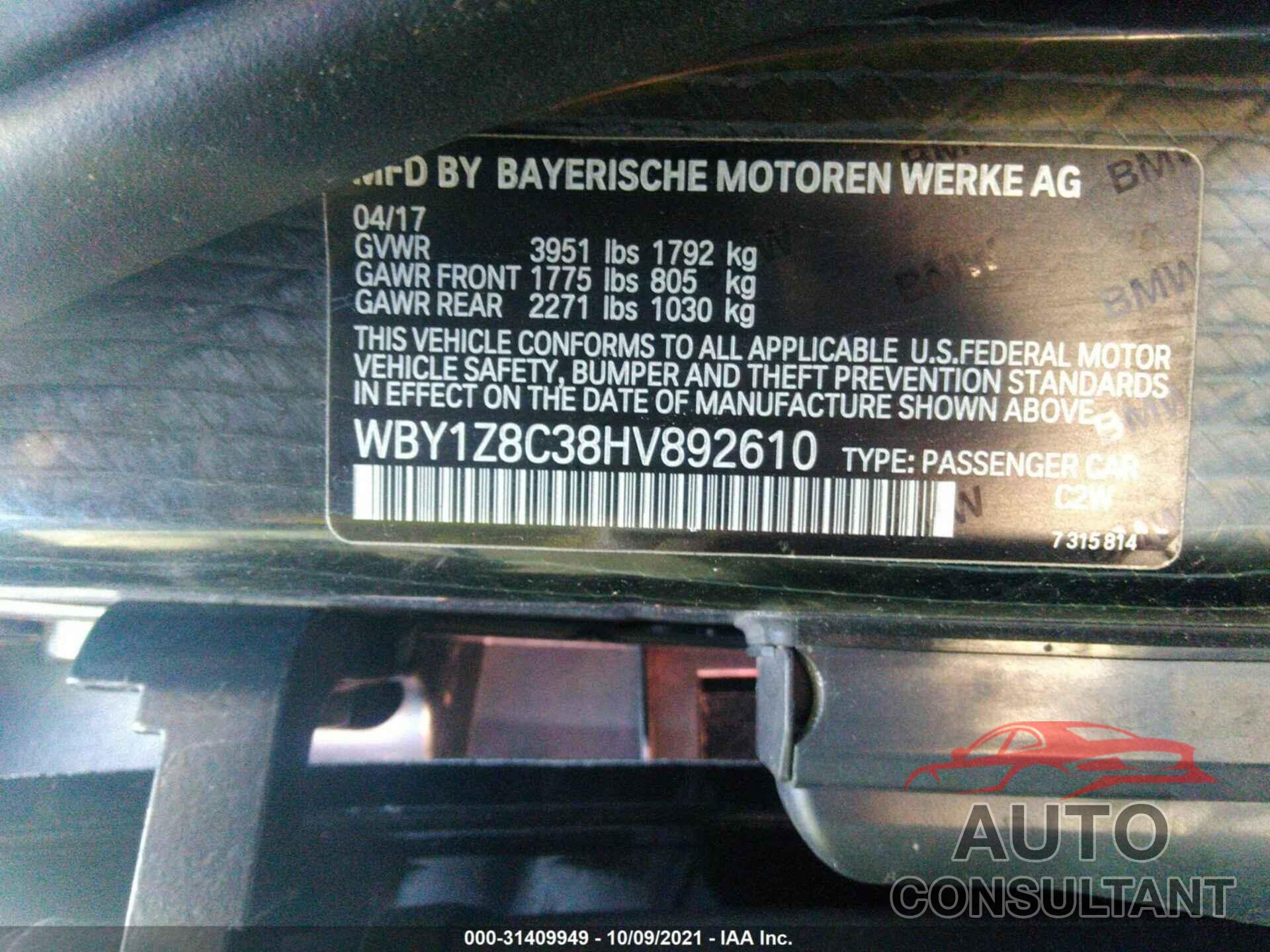 BMW I3 2017 - WBY1Z8C38HV892610