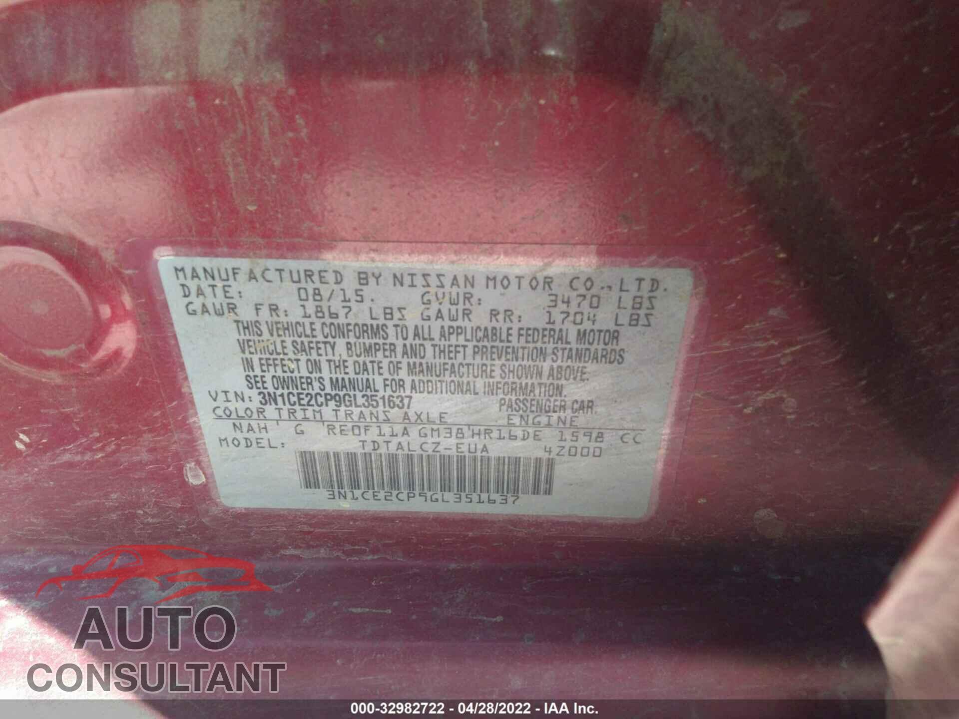 NISSAN VERSA NOTE 2016 - 3N1CE2CP9GL351637
