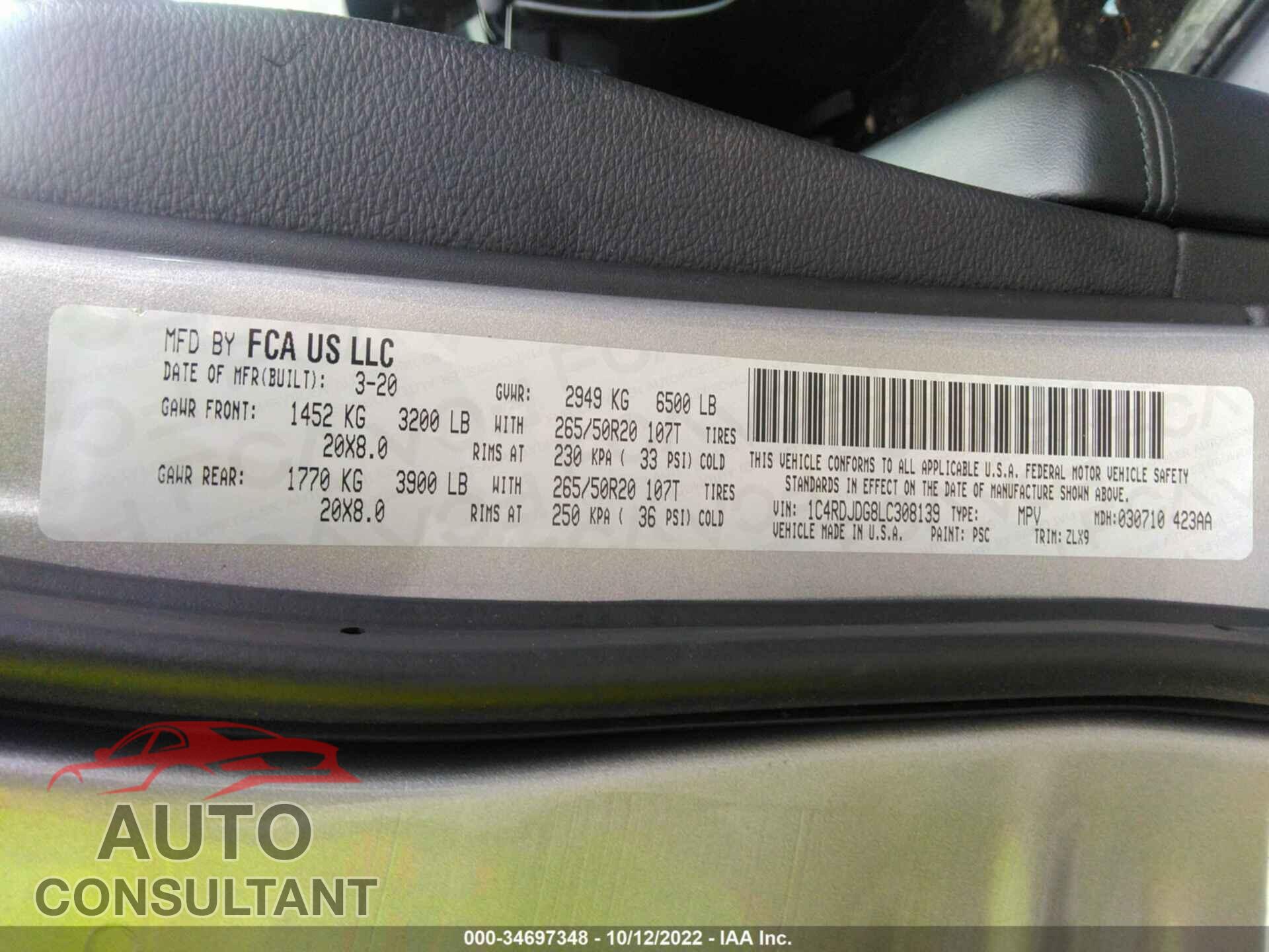 DODGE DURANGO 2020 - 1C4RDJDG8LC308139