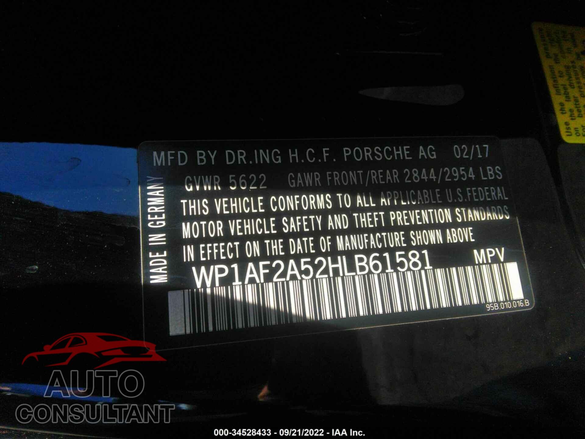 PORSCHE MACAN 2017 - WP1AF2A52HLB61581