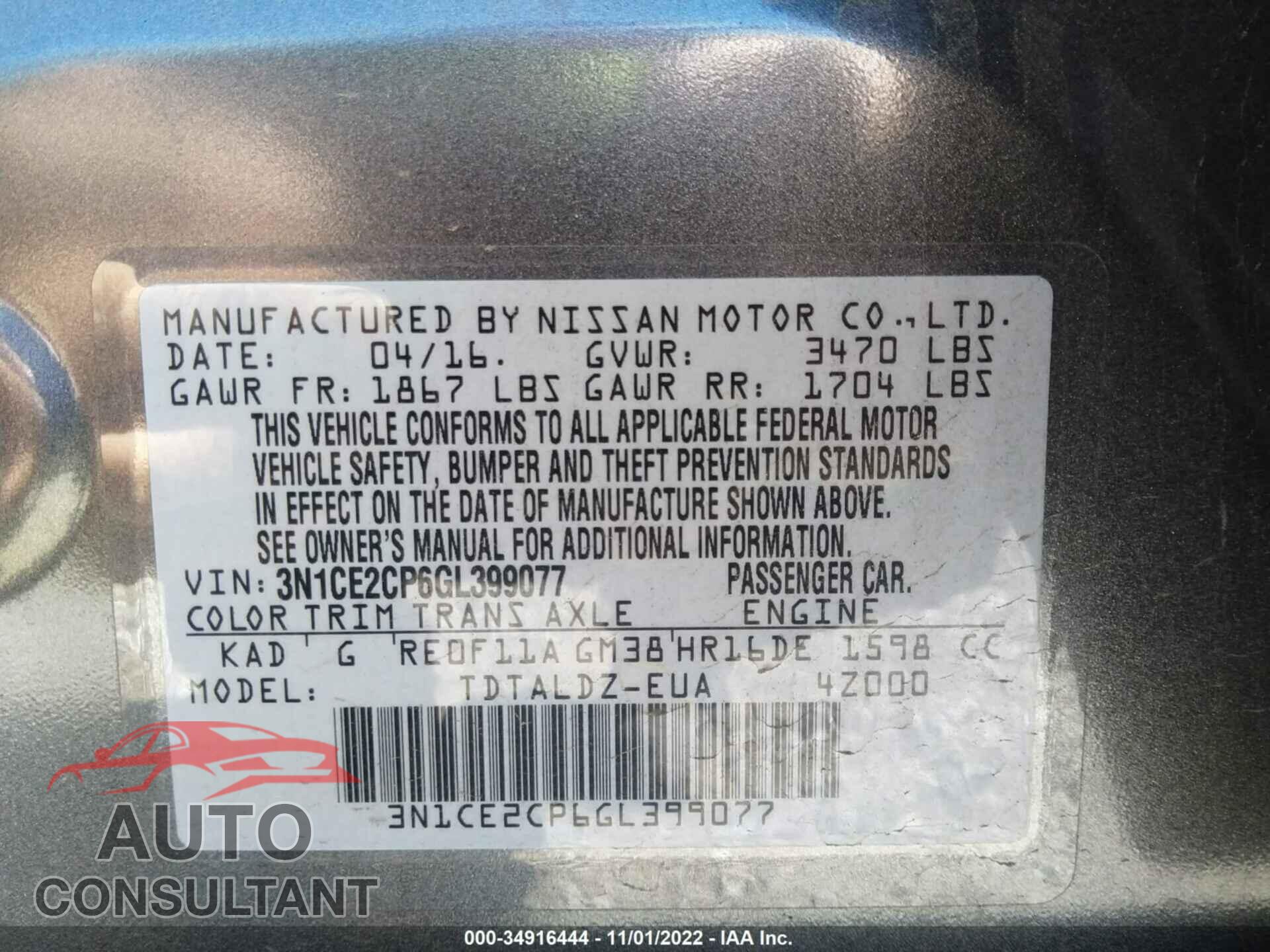 NISSAN VERSA NOTE 2016 - 3N1CE2CP6GL399077
