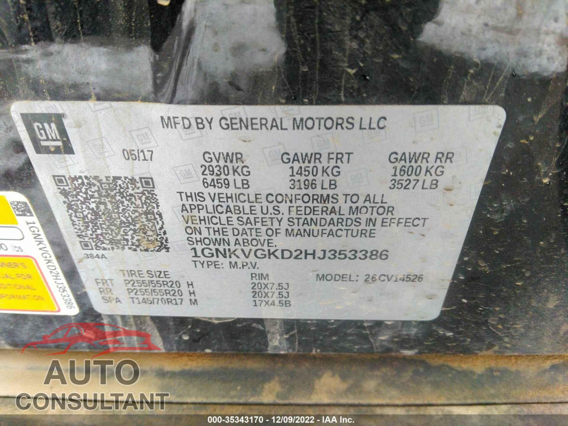 CHEVROLET TRAVERSE 2017 - 1GNKVGKD2HJ353386