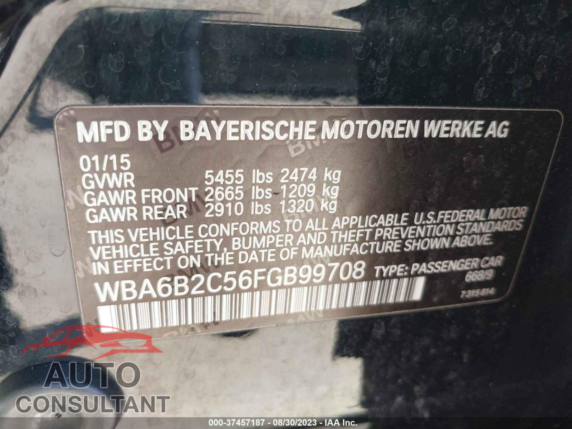 BMW 6 SERIES 2015 - WBA6B2C56FGB99708