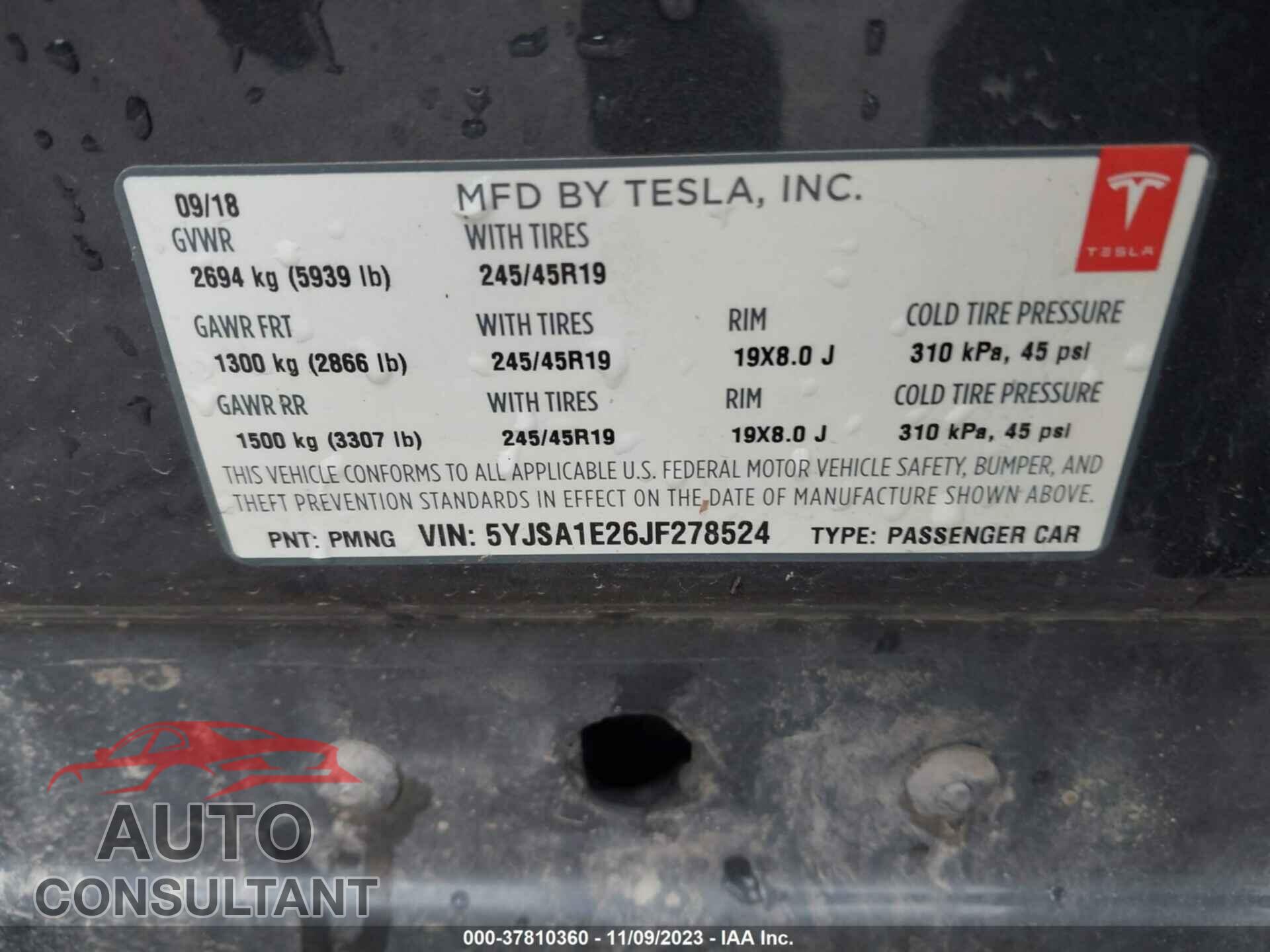 TESLA MODEL S 2018 - 5YJSA1E26JF278524