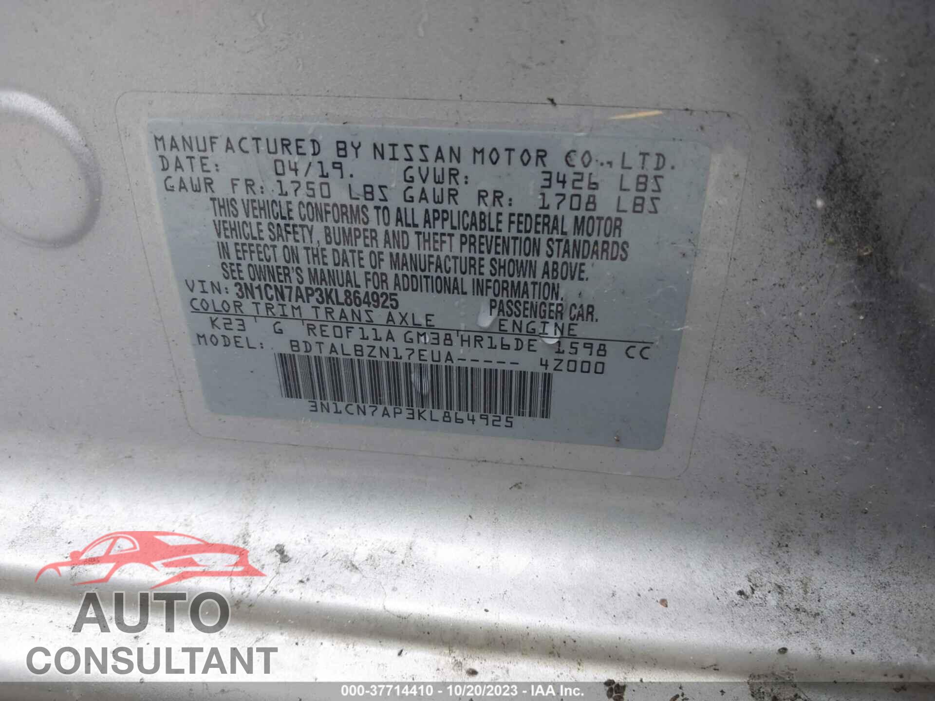 NISSAN VERSA 2019 - 3N1CN7AP3KL864925