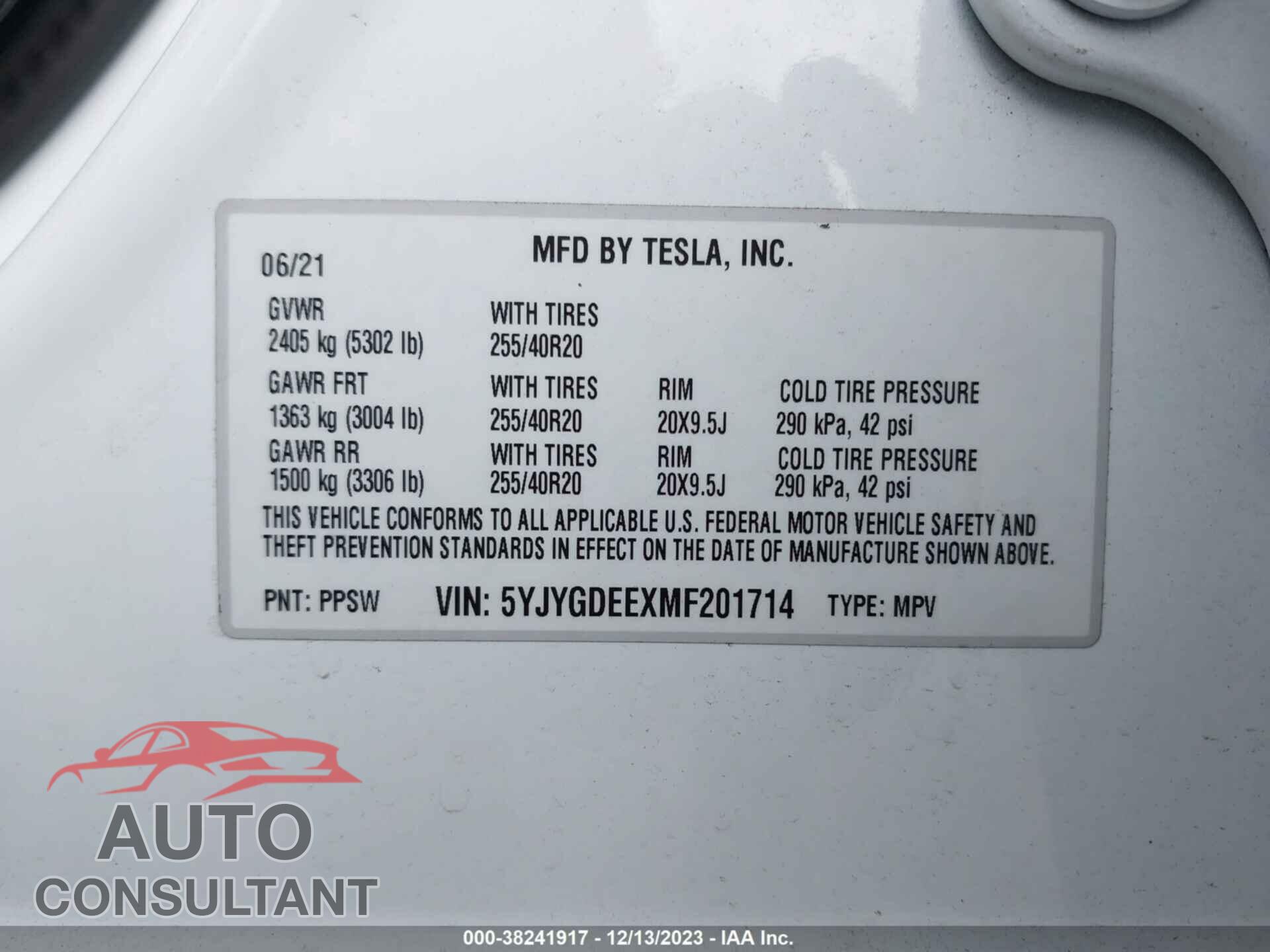 TESLA MODEL Y 2021 - 5YJYGDEEXMF201714