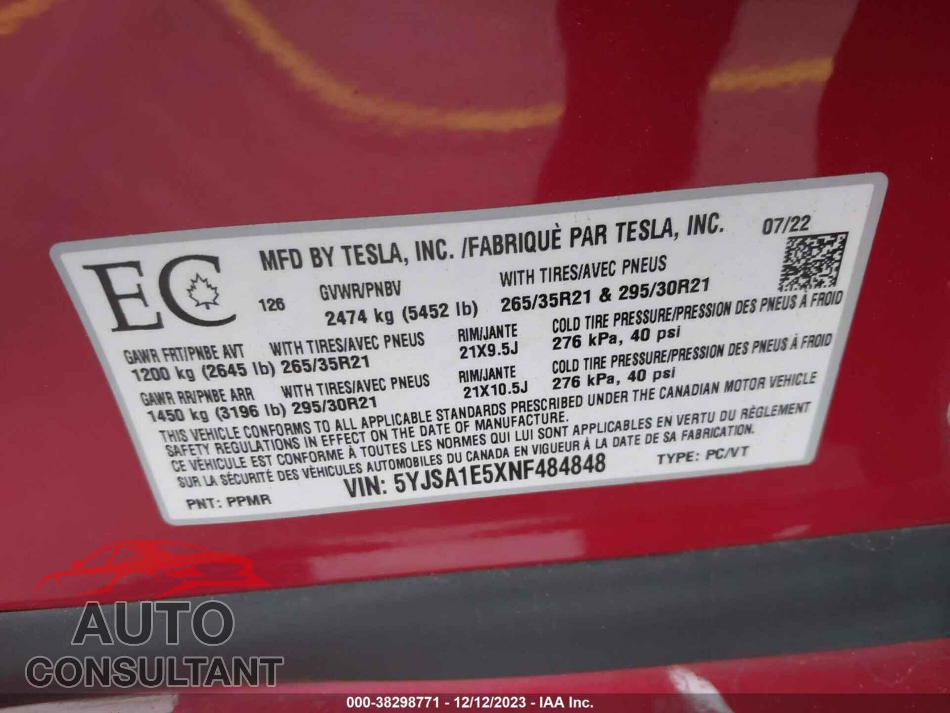 TESLA MODEL S 2022 - 5YJSA1E5XNF484848