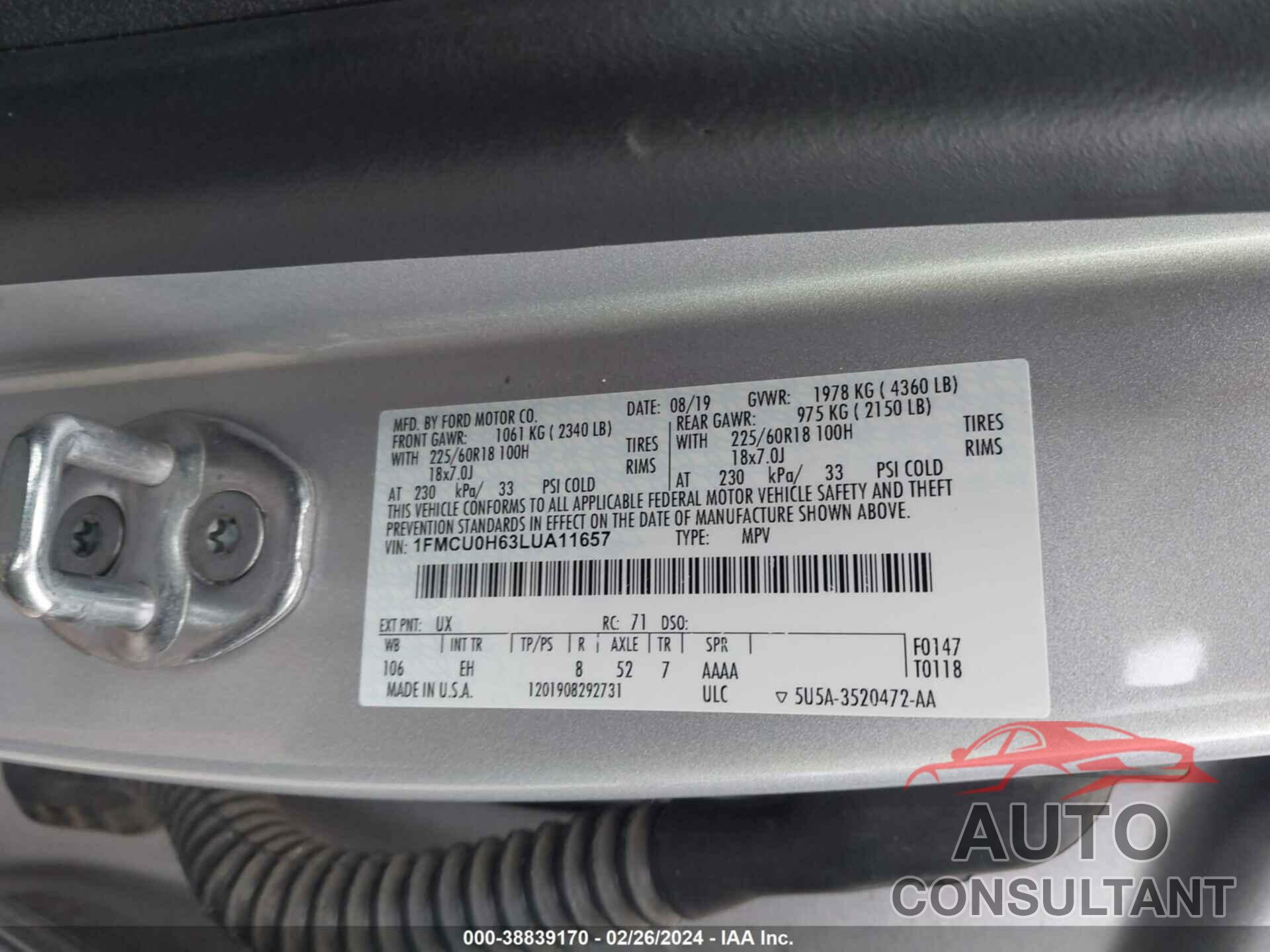 FORD ESCAPE 2020 - 1FMCU0H63LUA11657