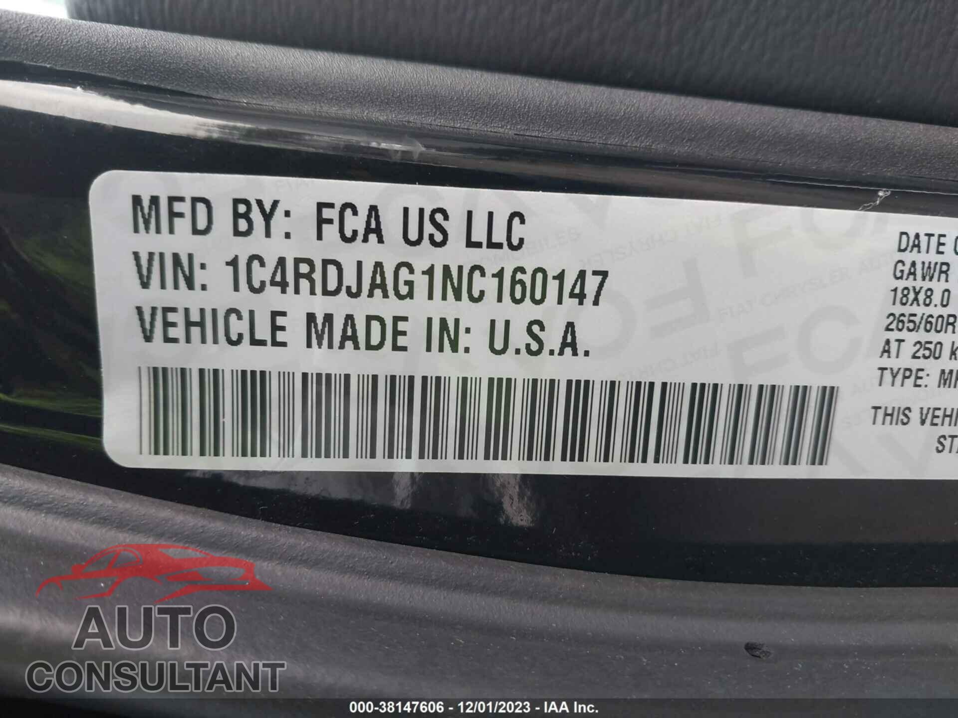DODGE DURANGO 2022 - 1C4RDJAG1NC160147