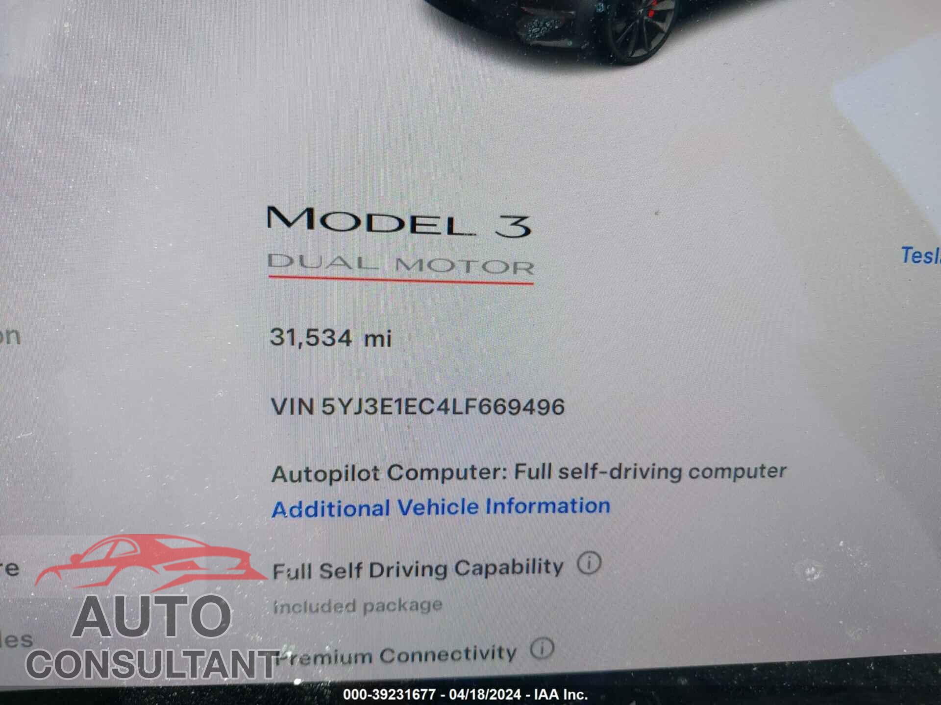 TESLA MODEL 3 2020 - 5YJ3E1EC4LF669496