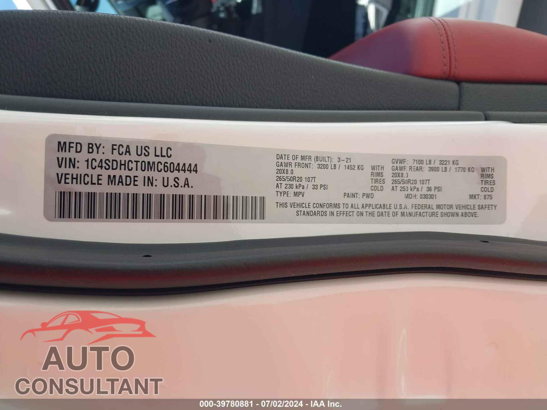 DODGE DURANGO 2021 - 1C4SDHCT0MC604444