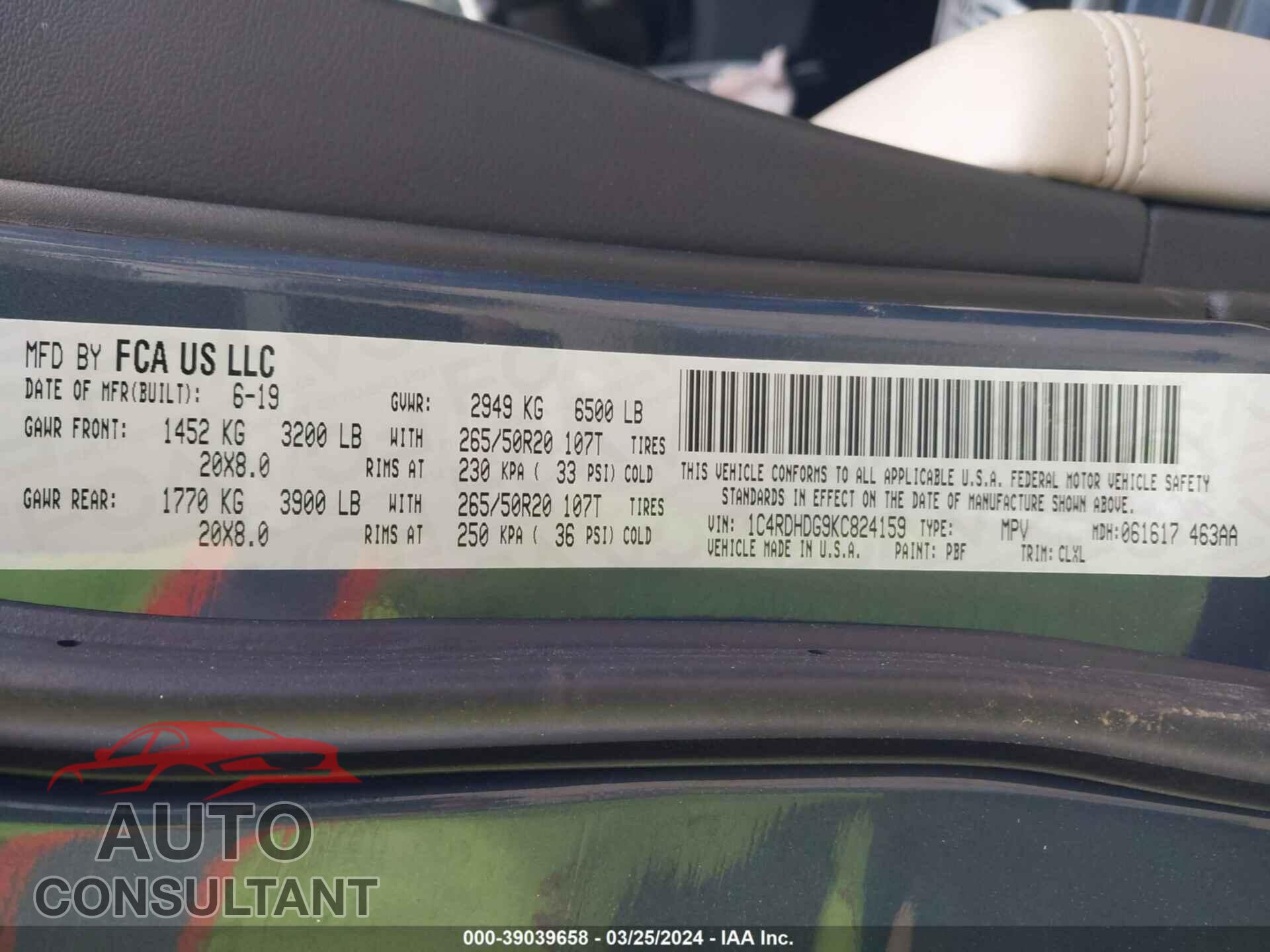 DODGE DURANGO 2019 - 1C4RDHDG9KC824159