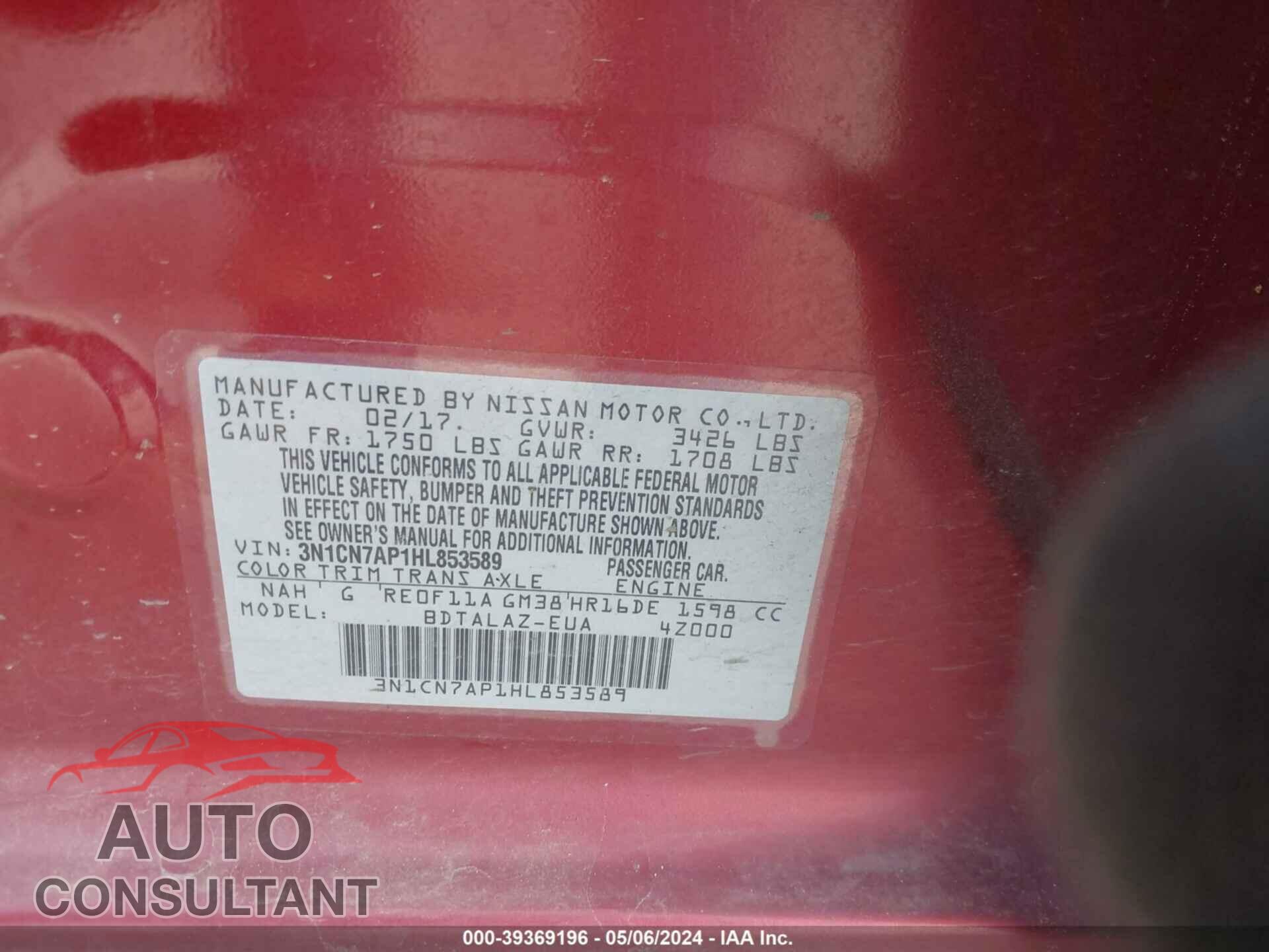 NISSAN VERSA 2017 - 3N1CN7AP1HL853589