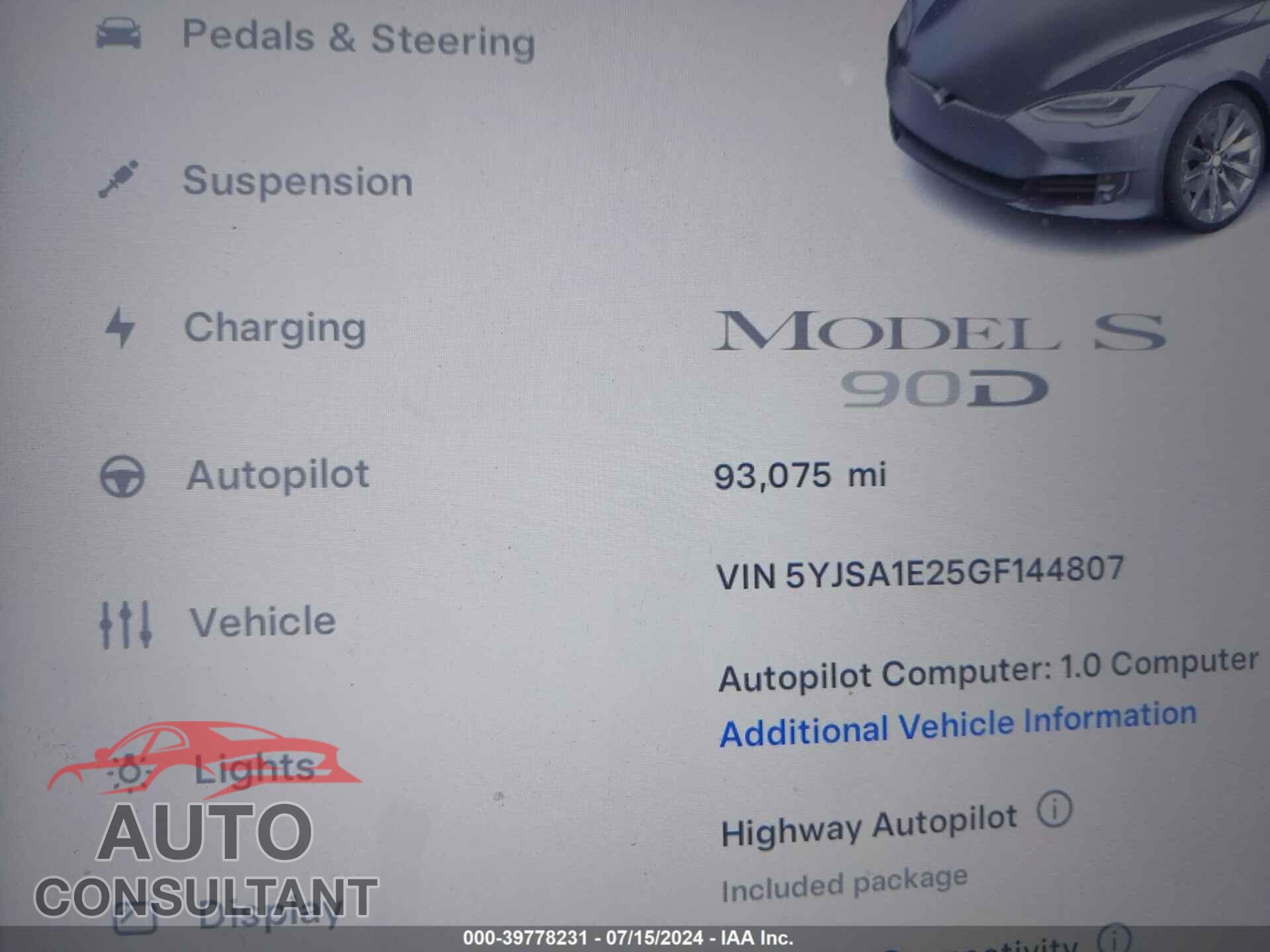 TESLA MODEL S 2016 - 5YJSA1E25GF144807