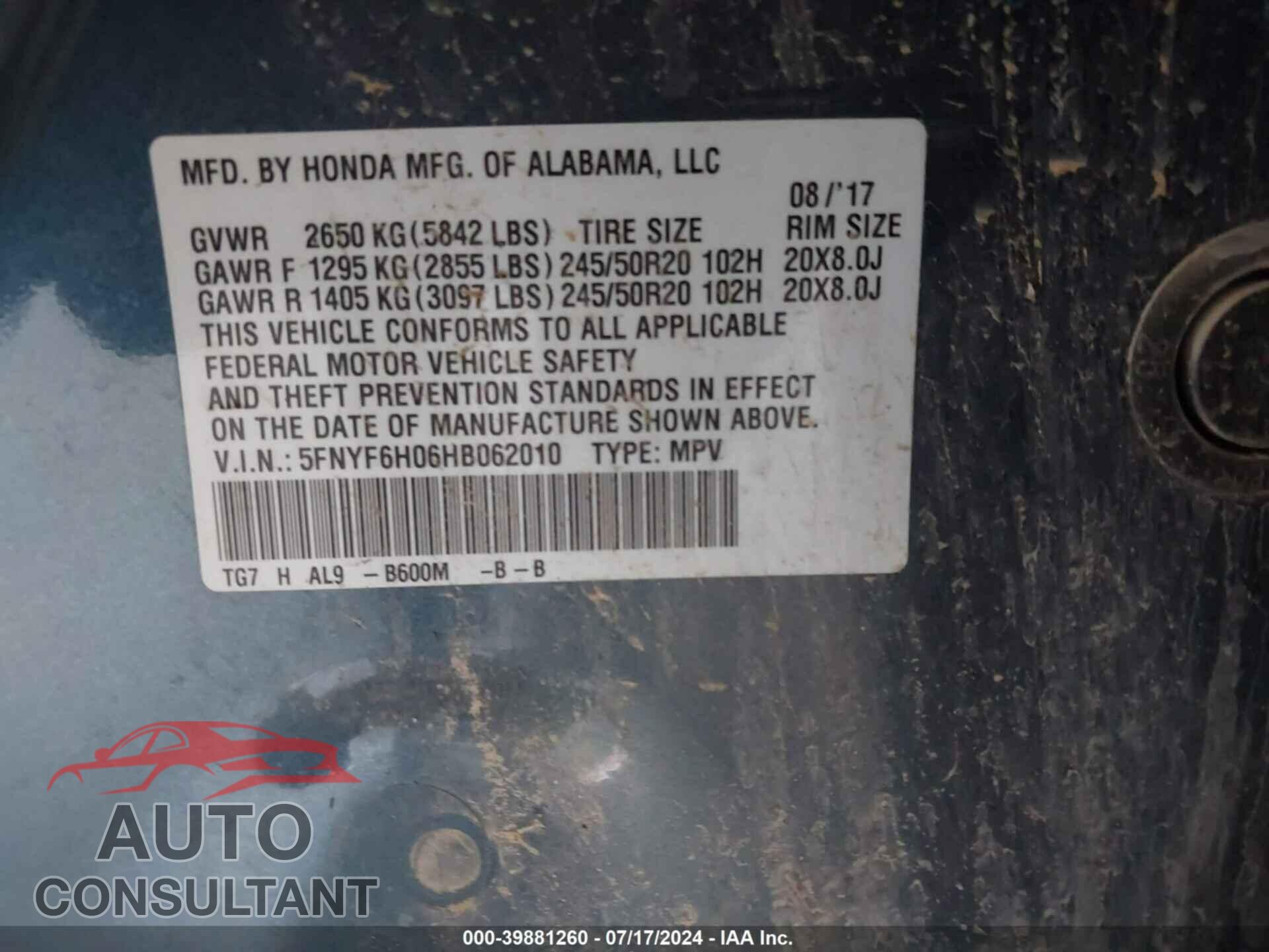 HONDA PILOT 2017 - 5FNYF6H06HB062010