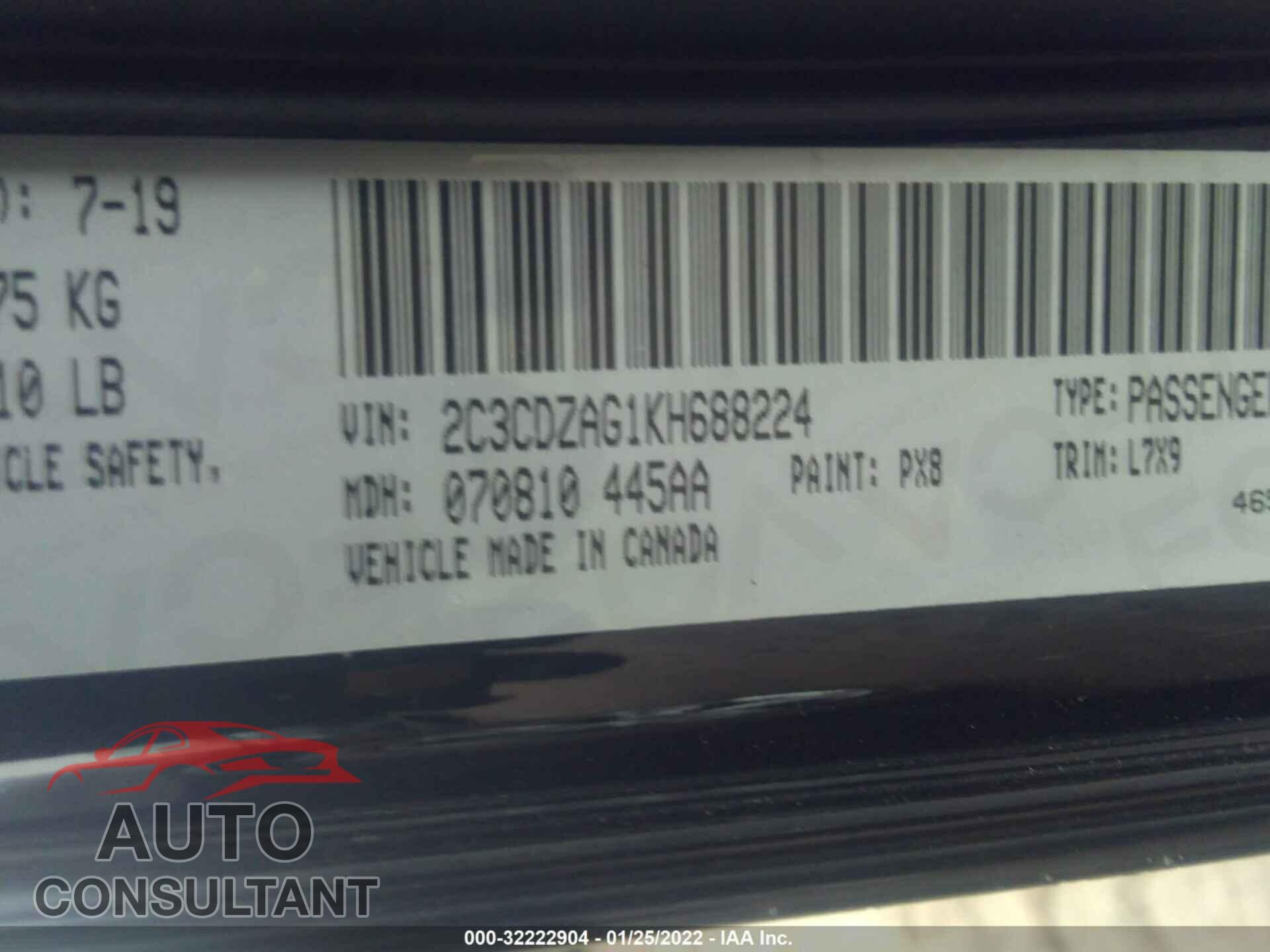 DODGE CHALLENGER 2019 - 2C3CDZAG1KH688224