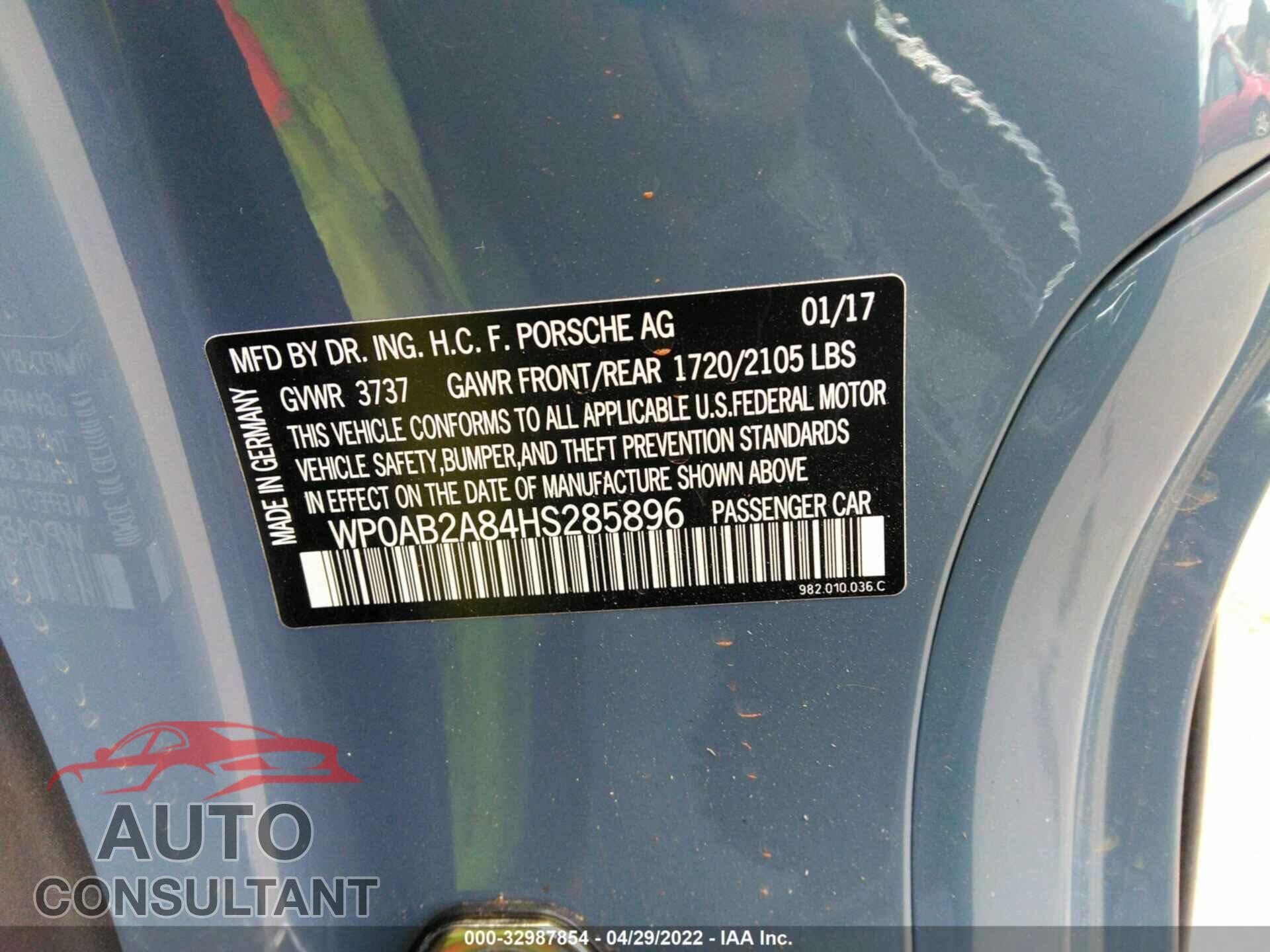 PORSCHE 718 CAYMAN 2017 - WP0AB2A84HS285896