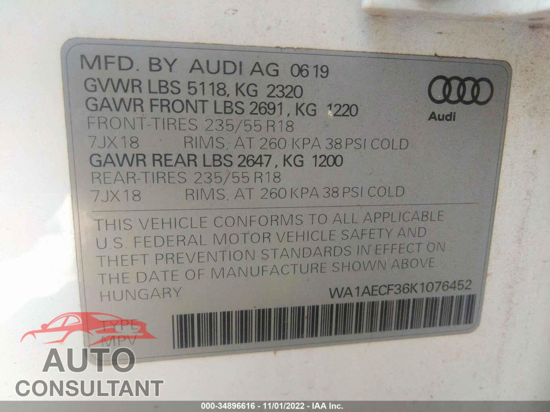 AUDI Q3 2019 - WA1AECF36K1076452