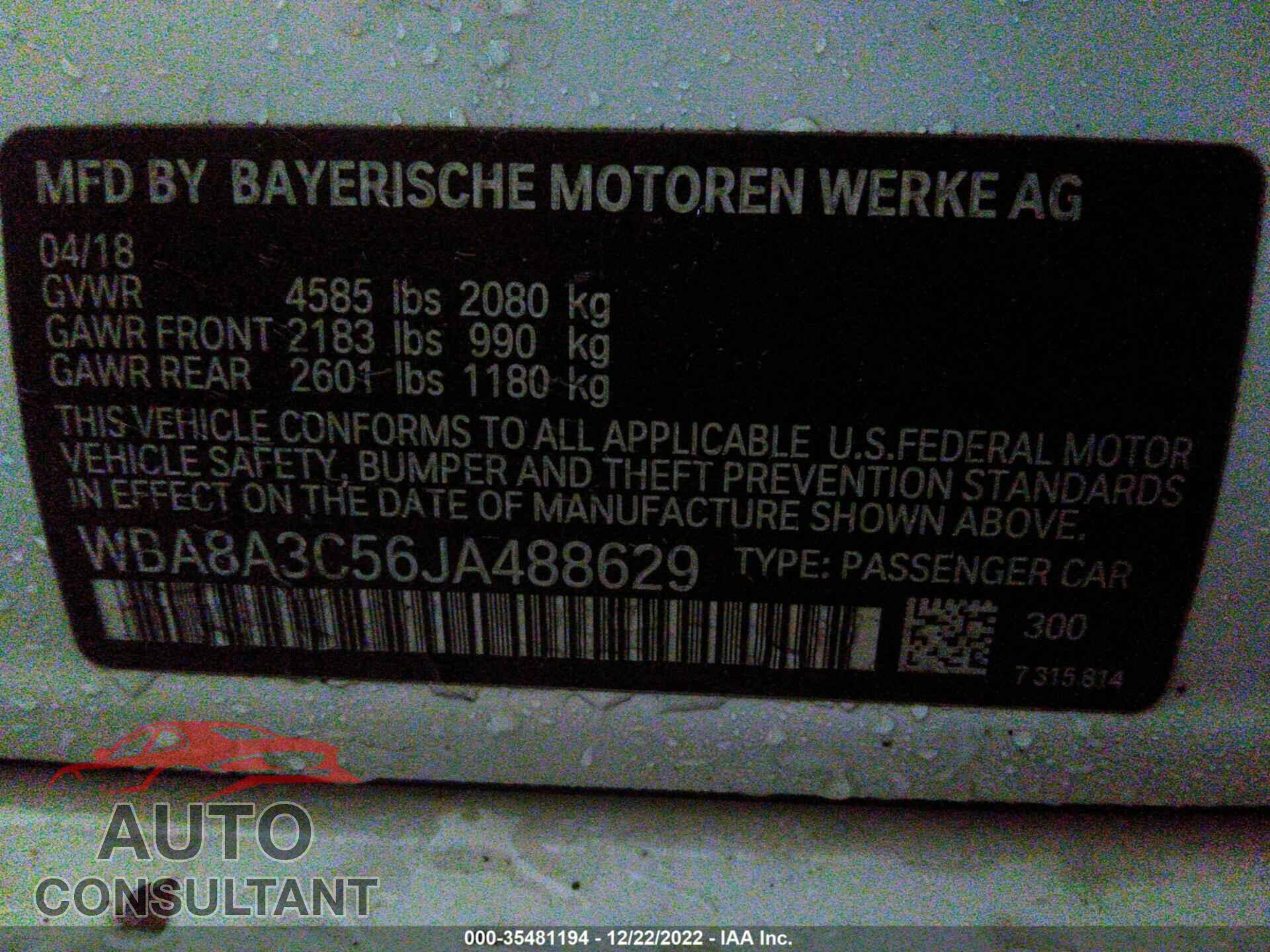 BMW 3 SERIES 2018 - WBA8A3C56JA488629