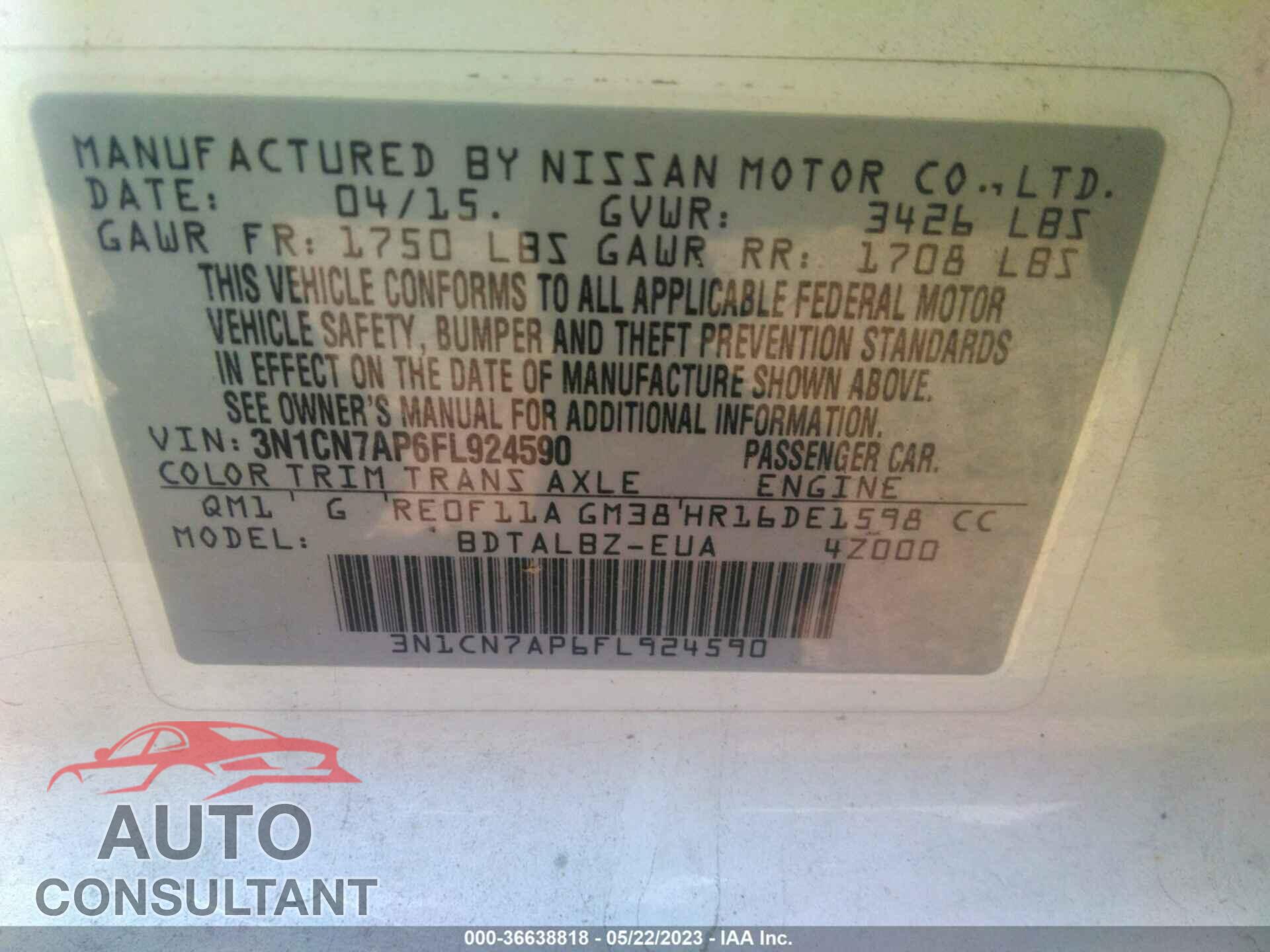 NISSAN VERSA 2015 - 3N1CN7AP6FL924590