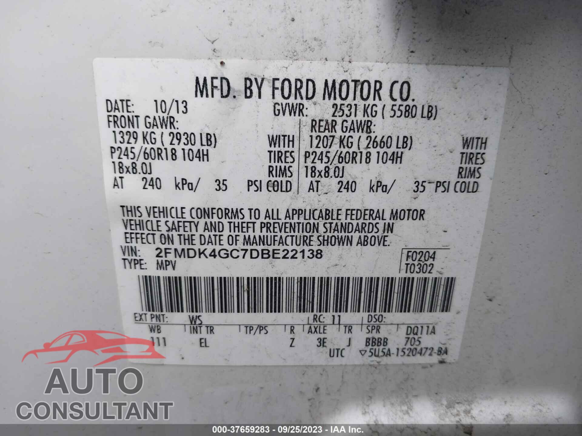 FORD EDGE 2013 - 2FMDK4GC7DBE22138